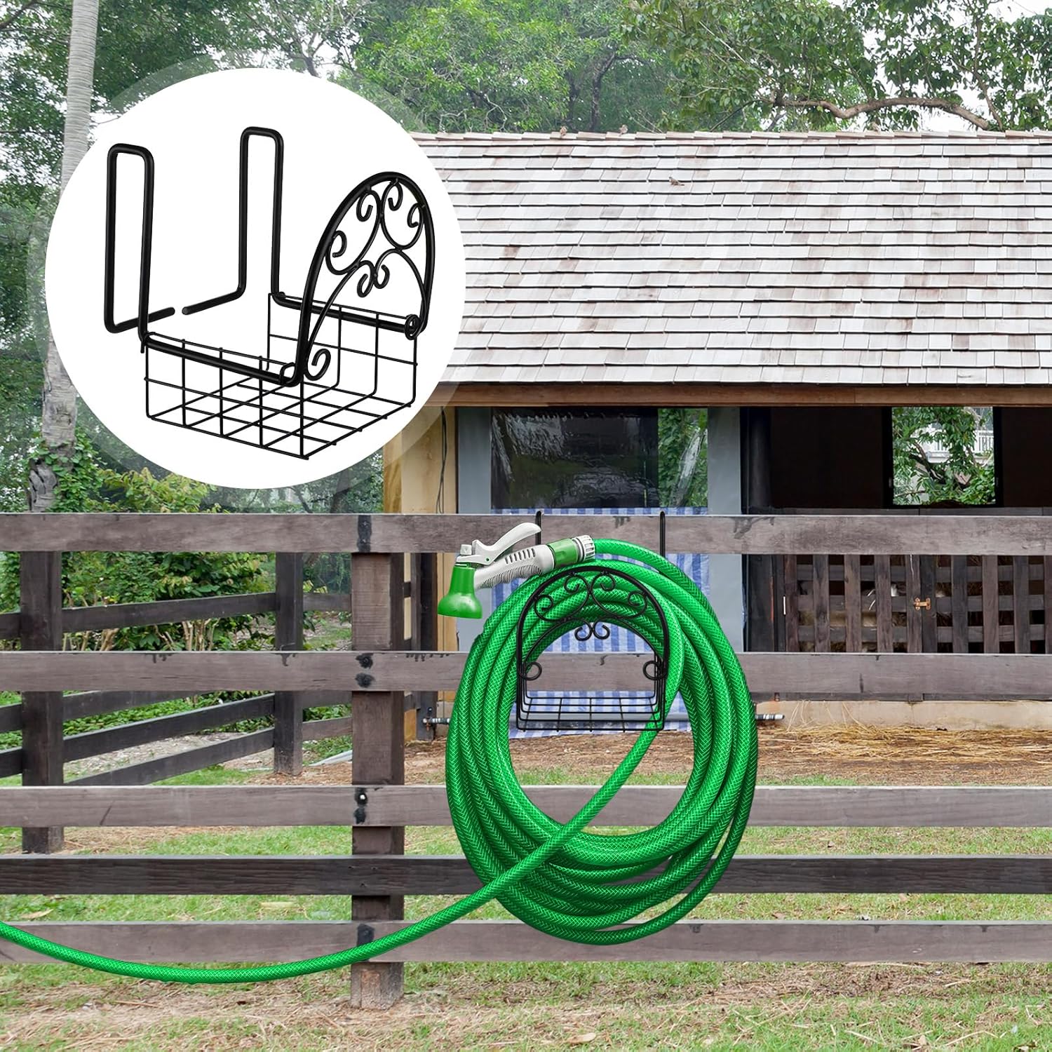 Wonderjune 2 Pack Hose Holder Wall Mount with Tool Storage Basket Garden Heavy Duty Hose Holder Hanger Fits 3/4 Inch to 1-1/4 Inch Railing for Expandable Reel Water Pocket Flexible Hook