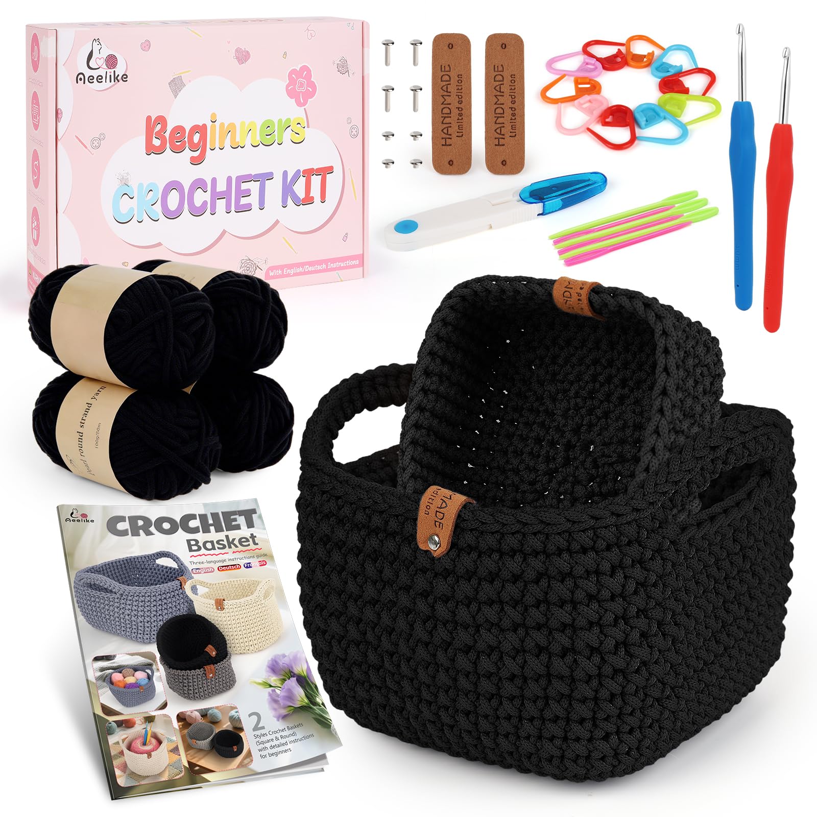 Aeelike 27PCS Beginner Crochet Basket Kit (L&amp;S): Complete Storage Version, Knitting Starter Set with Instruction. for Adults, Ideal Crocheting Gift for Home Decor