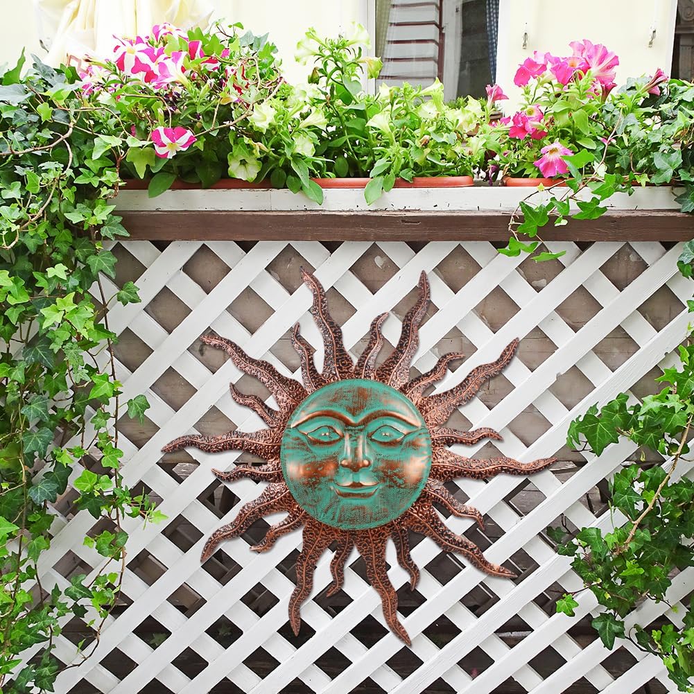 VEWOGARDEN Sun Outdoor Wall Decor, 30" Waterproof Large Metal Wall Art for Home Outside Patio Garden Fence Decorations, Brown & Green