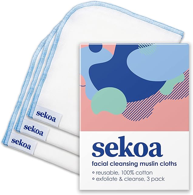 Amazon Brand - Sekoa Muslin Reusable Face Cloths 3 pack - For Facial Exfoliating and Cleansing - Made in the UK from 100% Cotton - PH Balanced - Blue Trim
