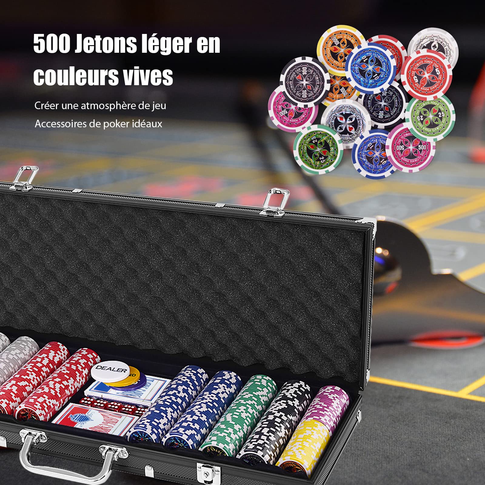 RELAX4LIFE Mallette de Poker avec 500 Jetons, 5 Dés, 3 Boutons, 2 Jeux de Cartes et 1 Tapis, Coffret de Poker en Alu Verrouillable pour Maison et Casino, Noir/Argent (Noir)