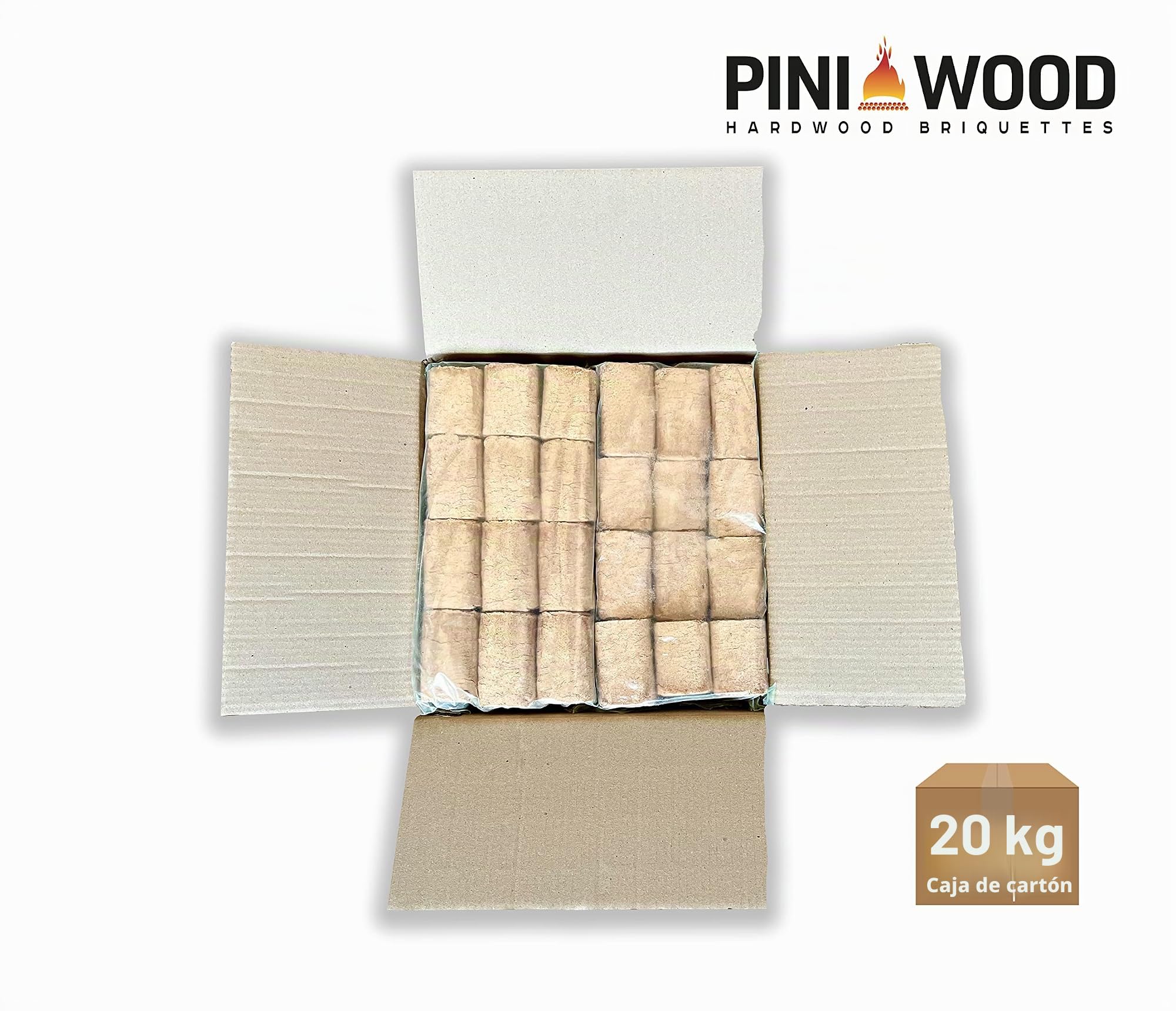 PINI Briquetas de madera, 100 % haya, briquetas de madera dura, RUF, chimenea, estufa, barbacoa, hoguera, leña, 20 kg