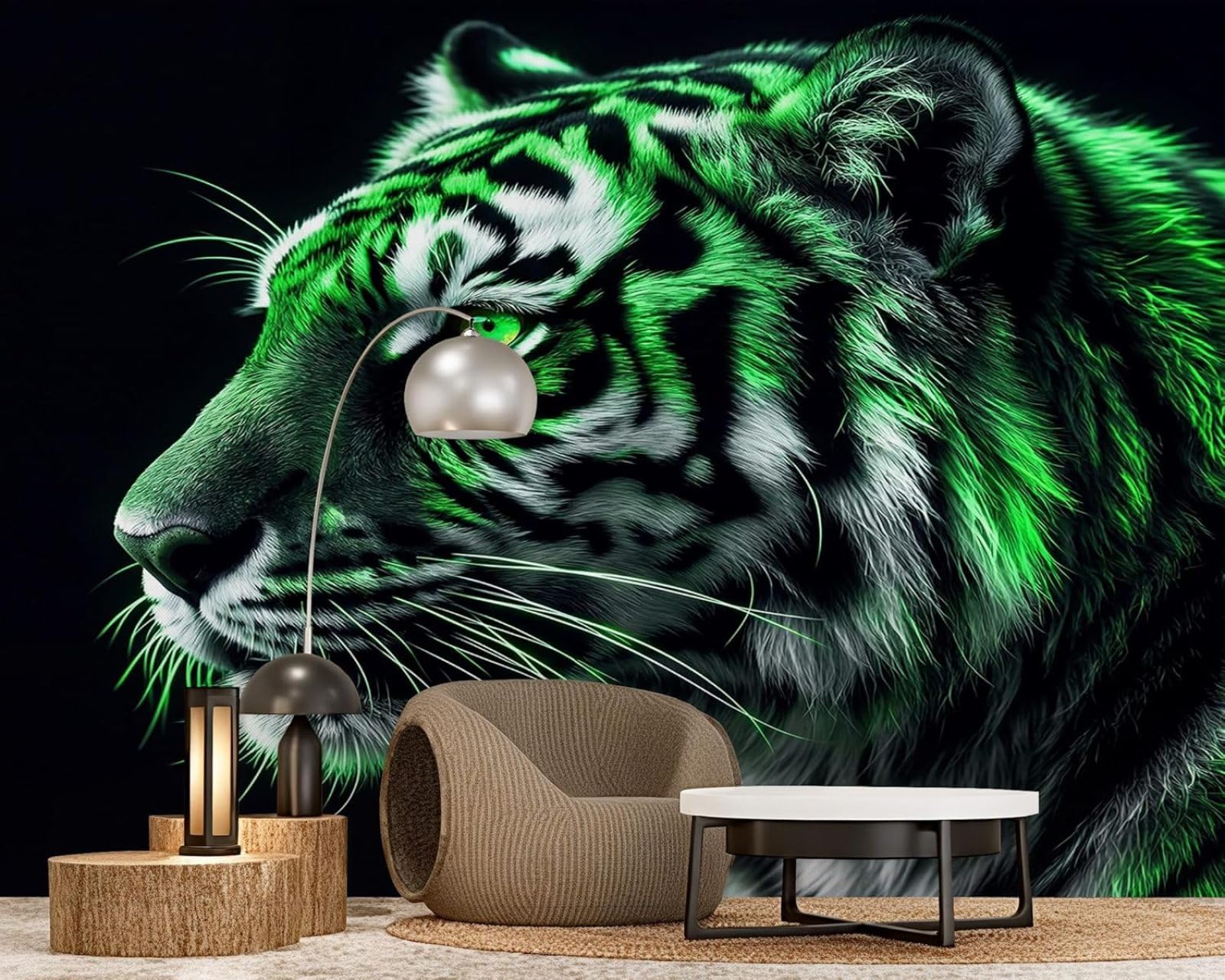 Hgjdjhnf 3D Mural 3D Tiger Photo Wallpaper For Teen's Room, Neon Green And Black, Non-Woven Wallpaper, Modern Wall Mural For Living Room, Bedroom, Children's Room, Wall Decor, Motif Wallpaper, 250Cm X 175Cm, Wall Stick