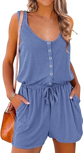 PRETTYGARDEN Overol corto casual de verano para mujer, con cuello redondo y botones, sin mangas, con bolsillos