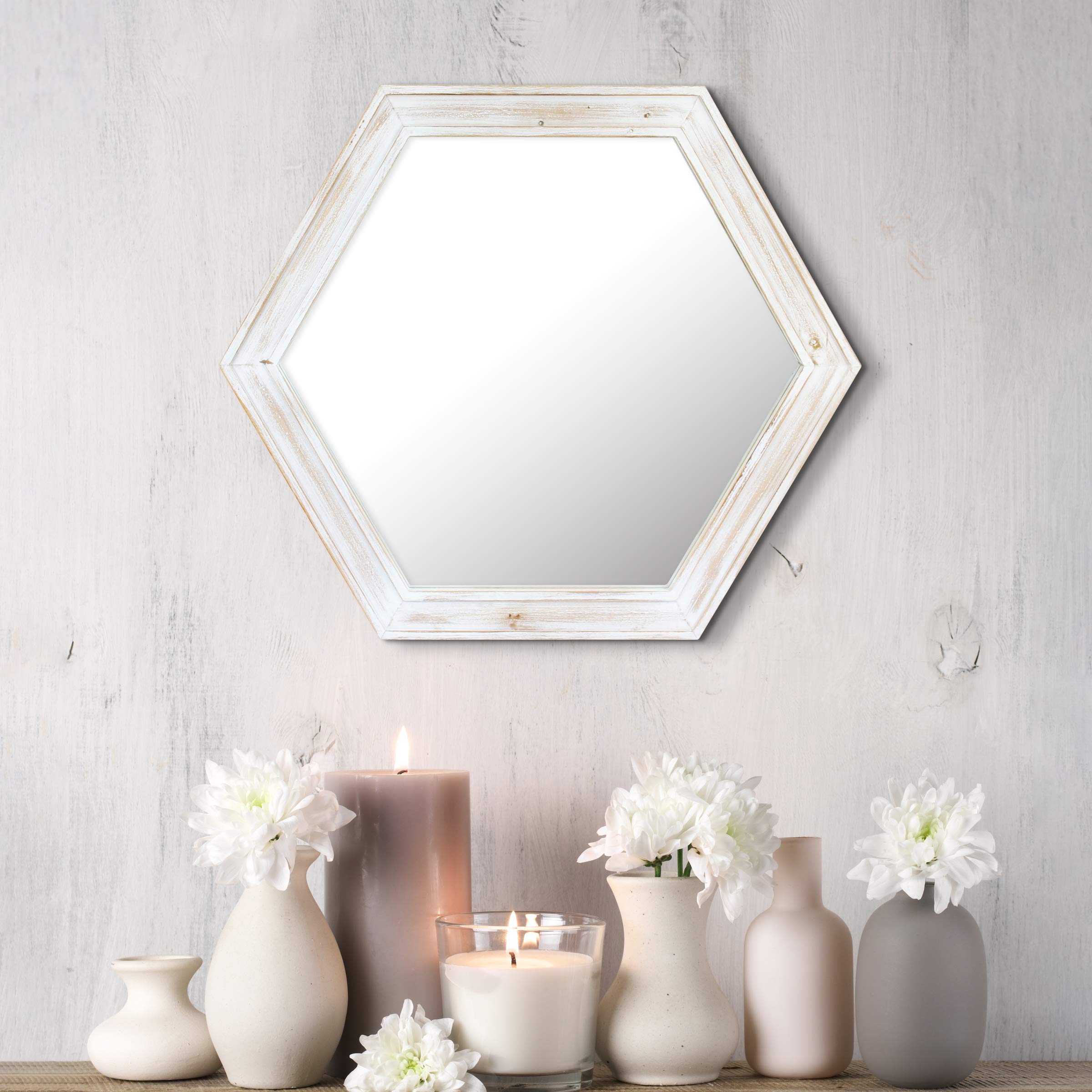 Stonebriar Specchio decorativo da parete esagonale da 61 cm, con cornice in legno verniciato bianco consumato e staffa per appendere
