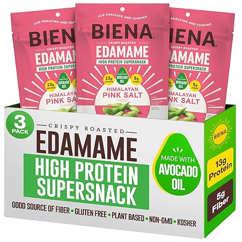 Biena Bocadillo de frijoles de edamame tostados crujientes  Bocadillo alto en proteínas para adultos y niños, 0.44 oz  0.45 oz de proteína por