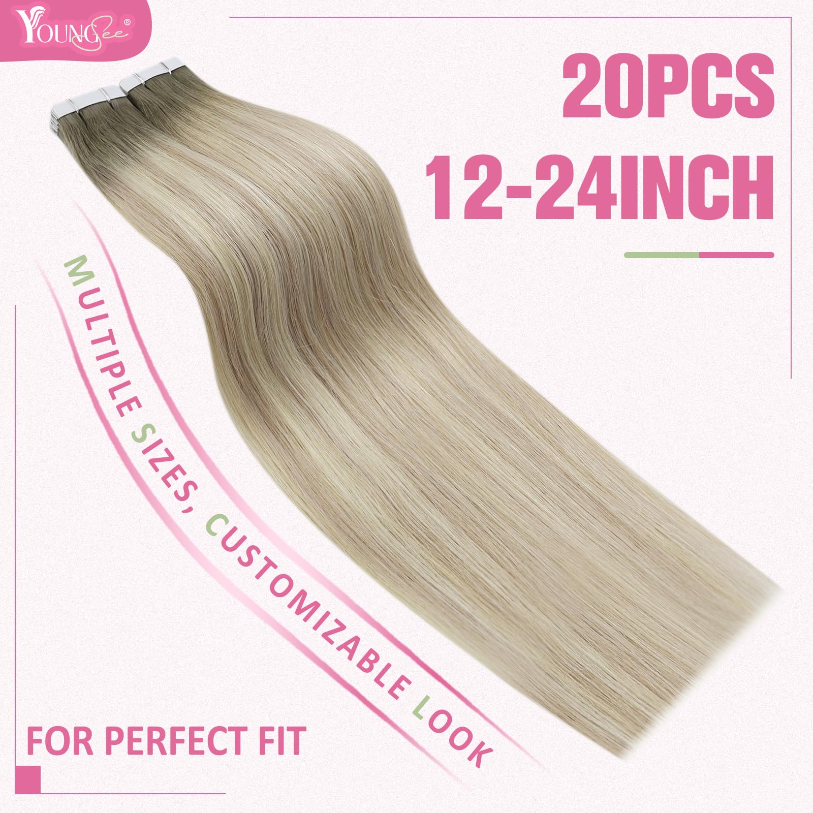 YoungSee Tape in Hair Extensions Human Hair Ombre Blonde Tape in Real Hair Extensions Ombre 22 Inch 20pcs 50g - Image 3