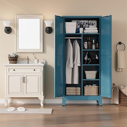 Miniatura 5 de Armario guardarropa de metal con barra para colgar, gabinete de armario de metal de 71'' con 2 puertas y 4 estantes ajustables, armarios de