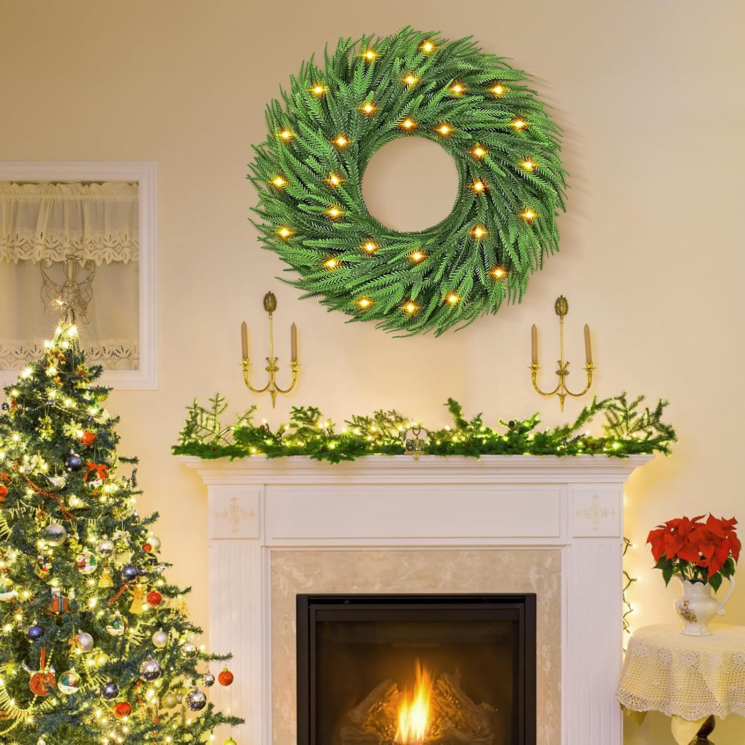 24 Inch Christmas Wreath with Lights Real Touch Norfolk Pine Wreath Artificial Christmas Wreaths for Outdoor Christmas Wreaths for Front Door Indoor Windows Wall Xmas Thanksgiving Decorations (1 PCS) - Image 3