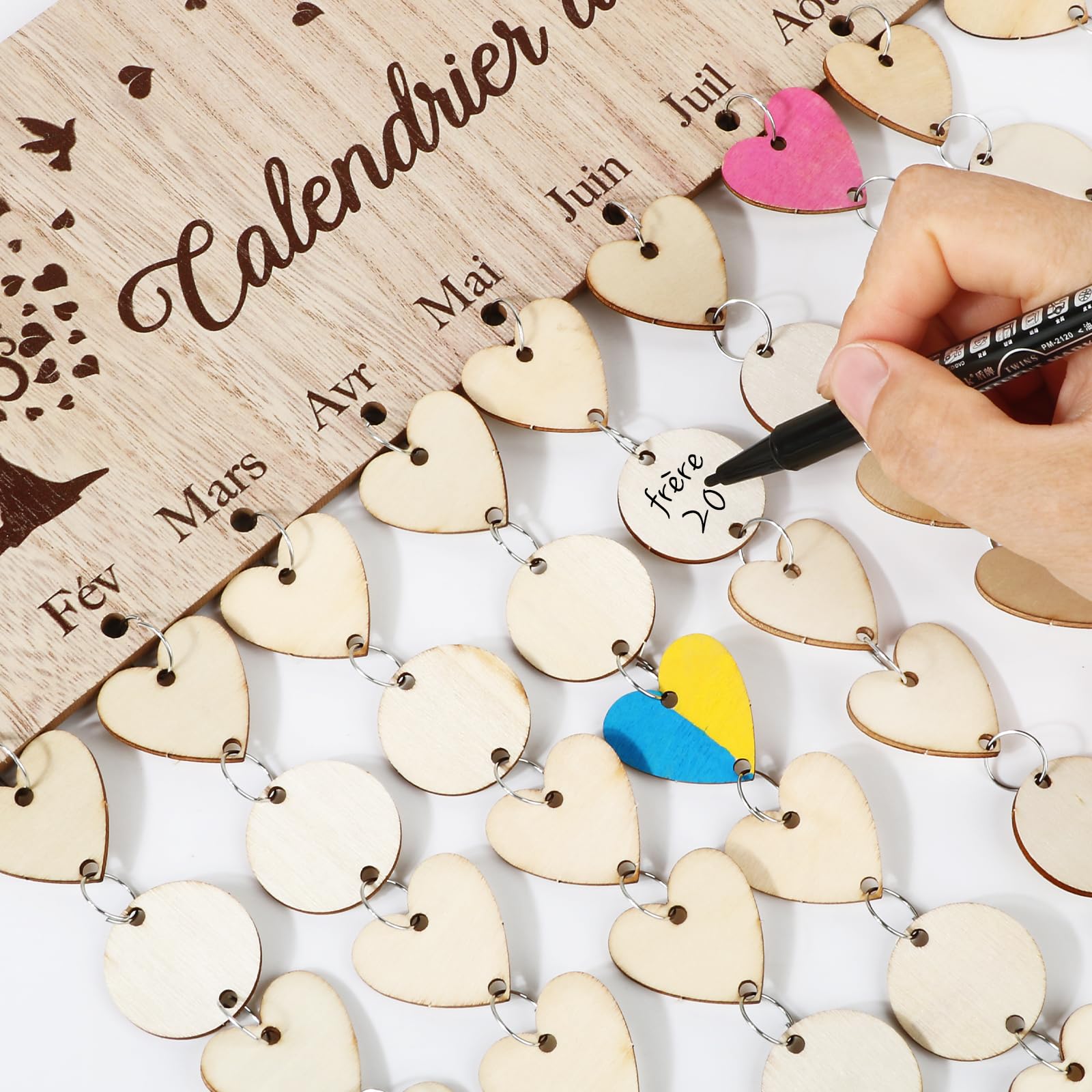Calendrier D'Anniversaire Bois DIY - Plaque 40x12cm Avec 100 Disques - Décoration Murale Personnalisable