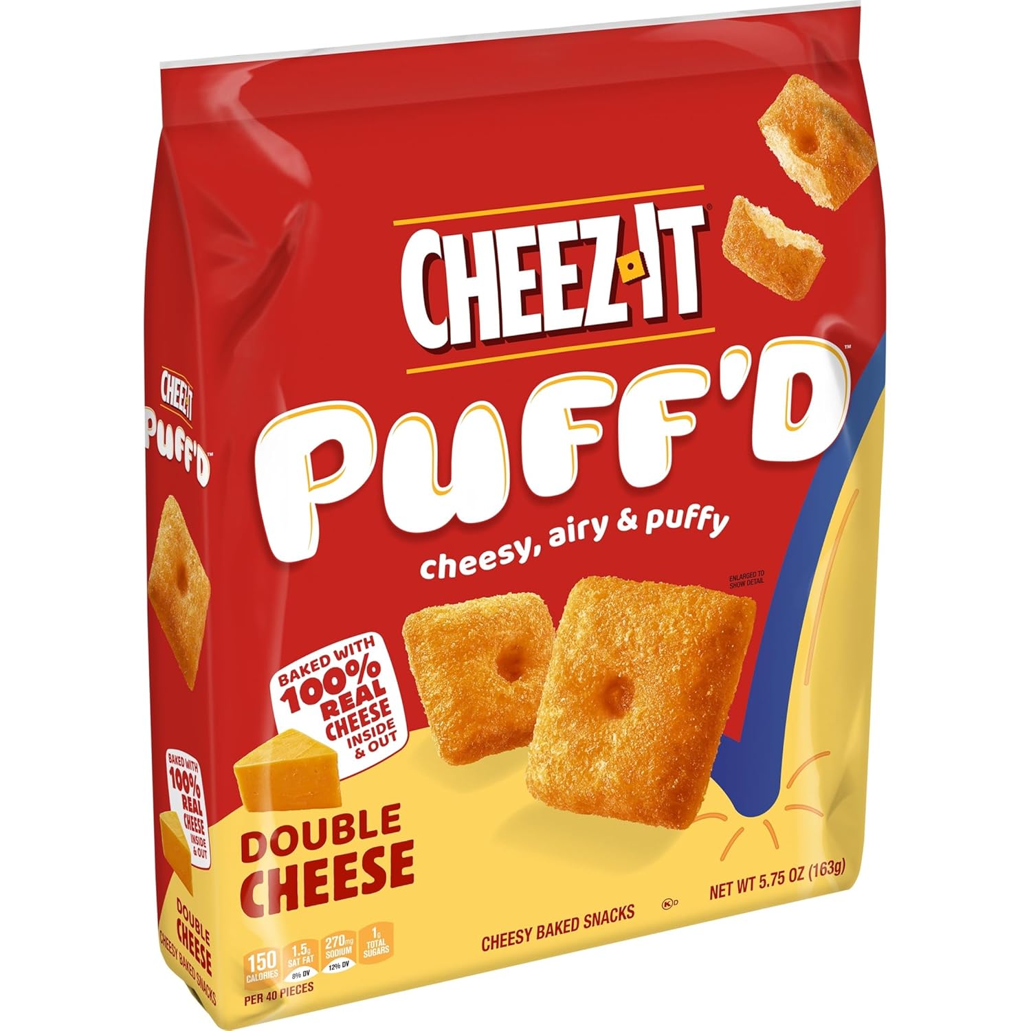 Cheez-It Puff'd Cheesy Baked Snacks, Puffed Crackers, Kids Snacks, Double Cheese, 2.156lb Case (6 Bags)