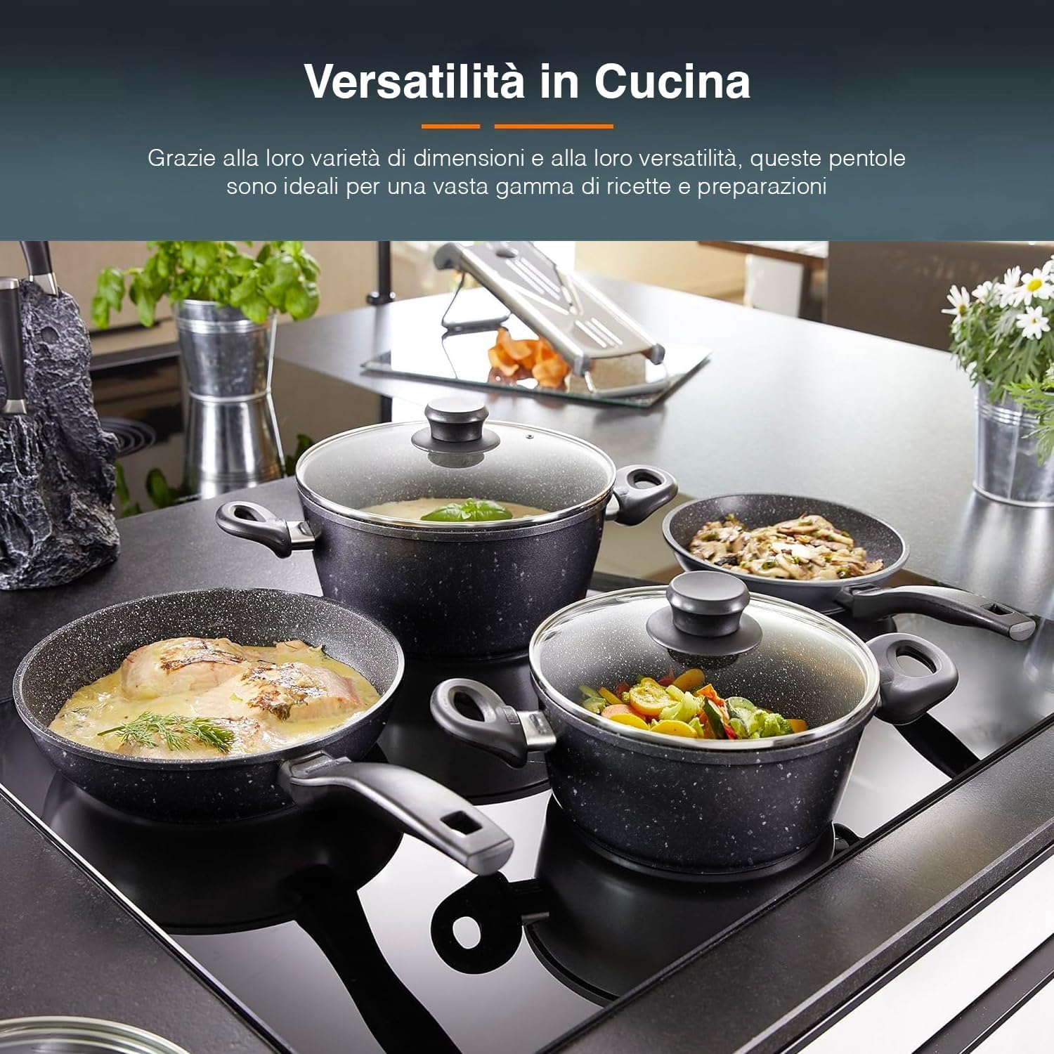 Avilia Lot De 2 Casseroles En Aluminium Avec Couvercle En Verre 20/24 Cm Noir - Poignées Ergonomiques Sûres Et Confortables - Couvercle En Verre Avec Bord En Silicone Solides Et Résistants