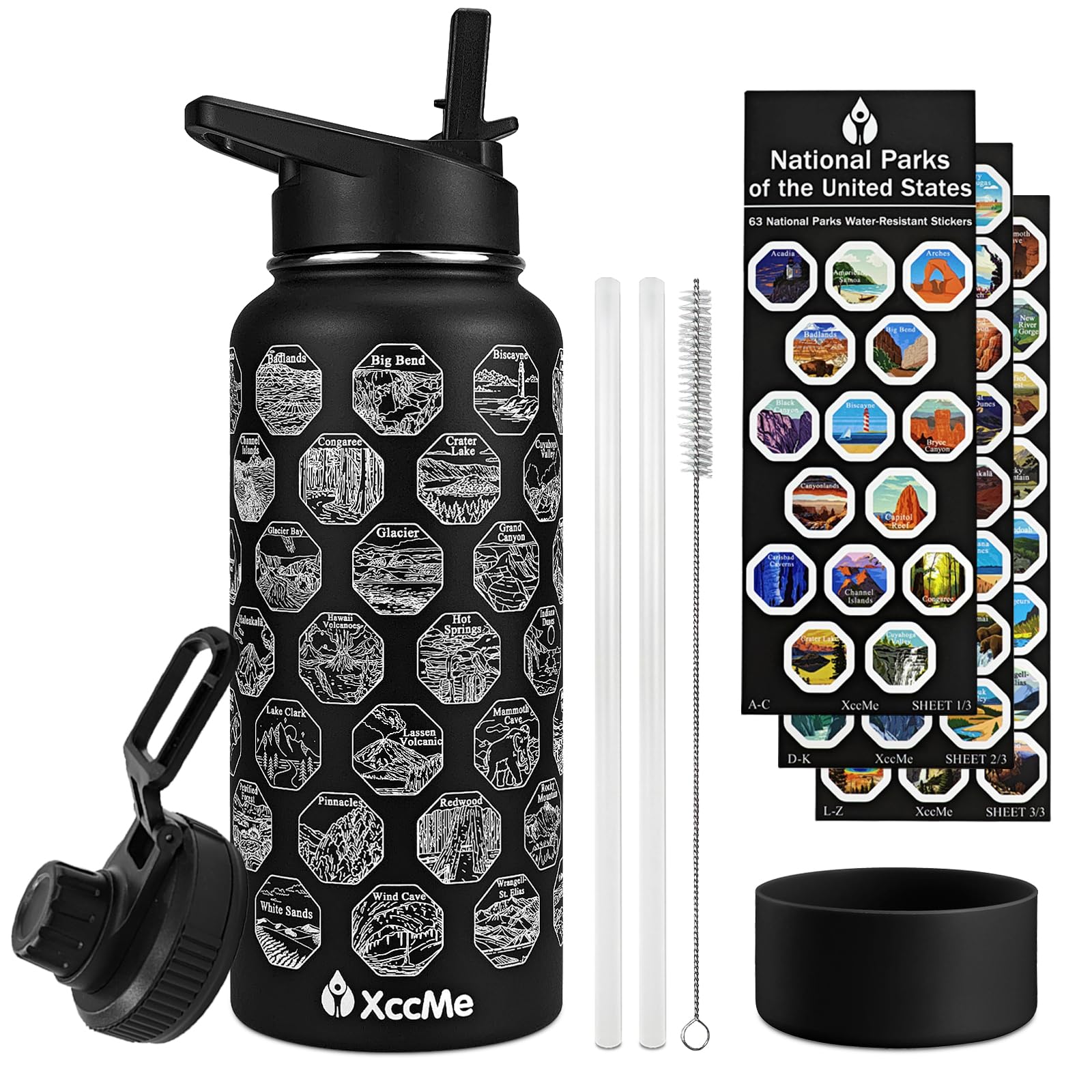 XccMe National Parks Water Bottle with Stickers,32 oz Insulated Stainless Steel Water Bottle with 2 Lids,Straws,Silicone Boot,Waterproof Stickers,Travel Vacuum Sealed Water Bottle,Leak Proof (Black)