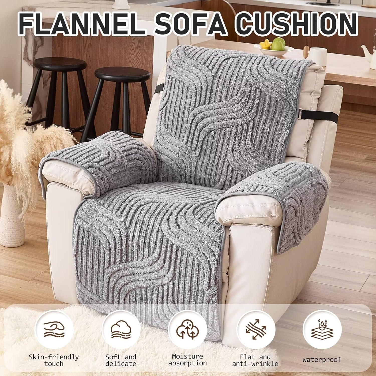 Recliner Cover for Lazy Boy Recliner Chair Covers,30Inches Washable Quilted Recliner Chair Covers with Side Pockets,Gray Furniture Protector for Pets/Kids