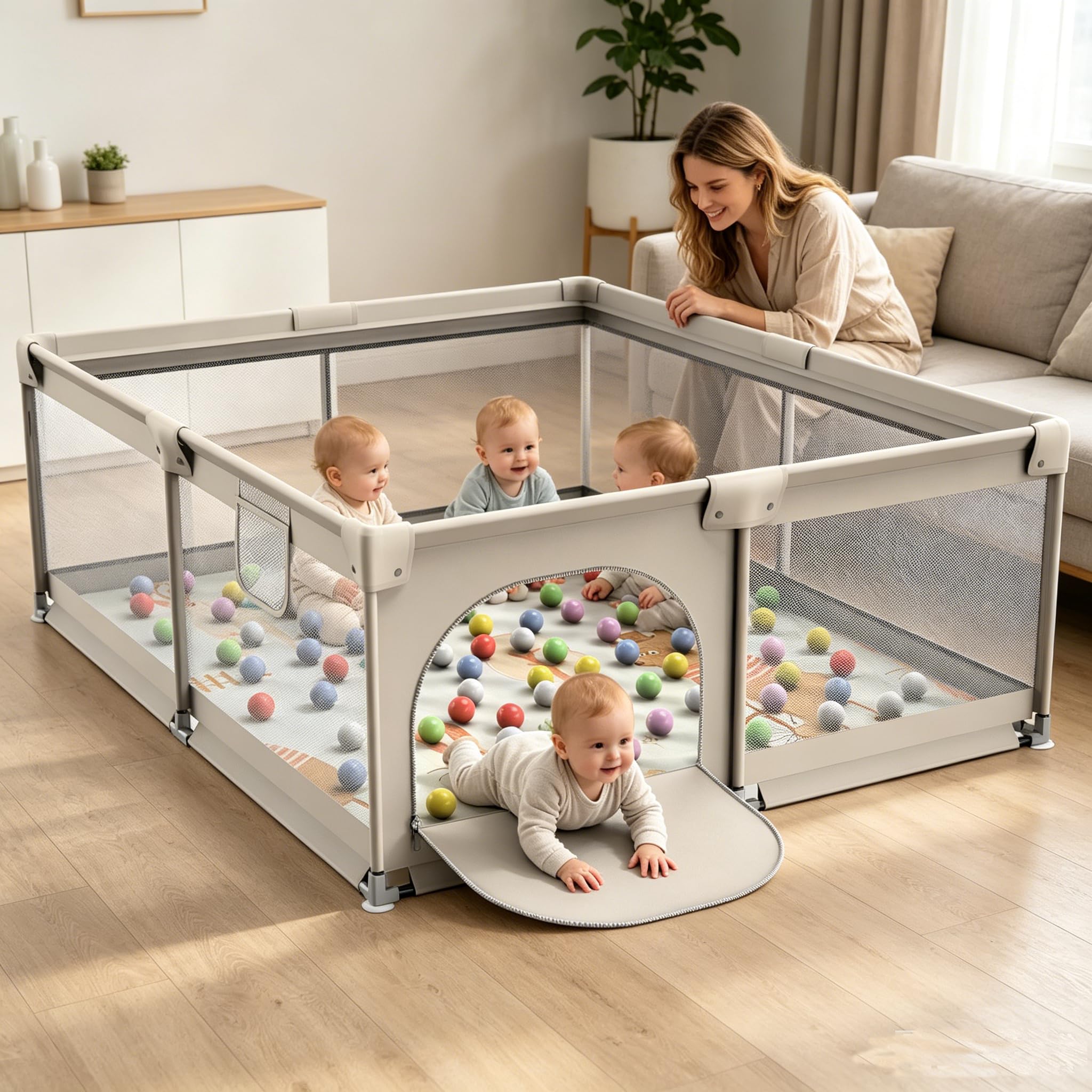 Parque Infantil Bebe,150x180cm Corralito Bebe Con Alfombra,50 Bolas,Extra Grande XXL Parque De Juegos,Parque Bebes para Casa Plegable Con Malla Transpirable en Los Cuatro Lados y Ventosas