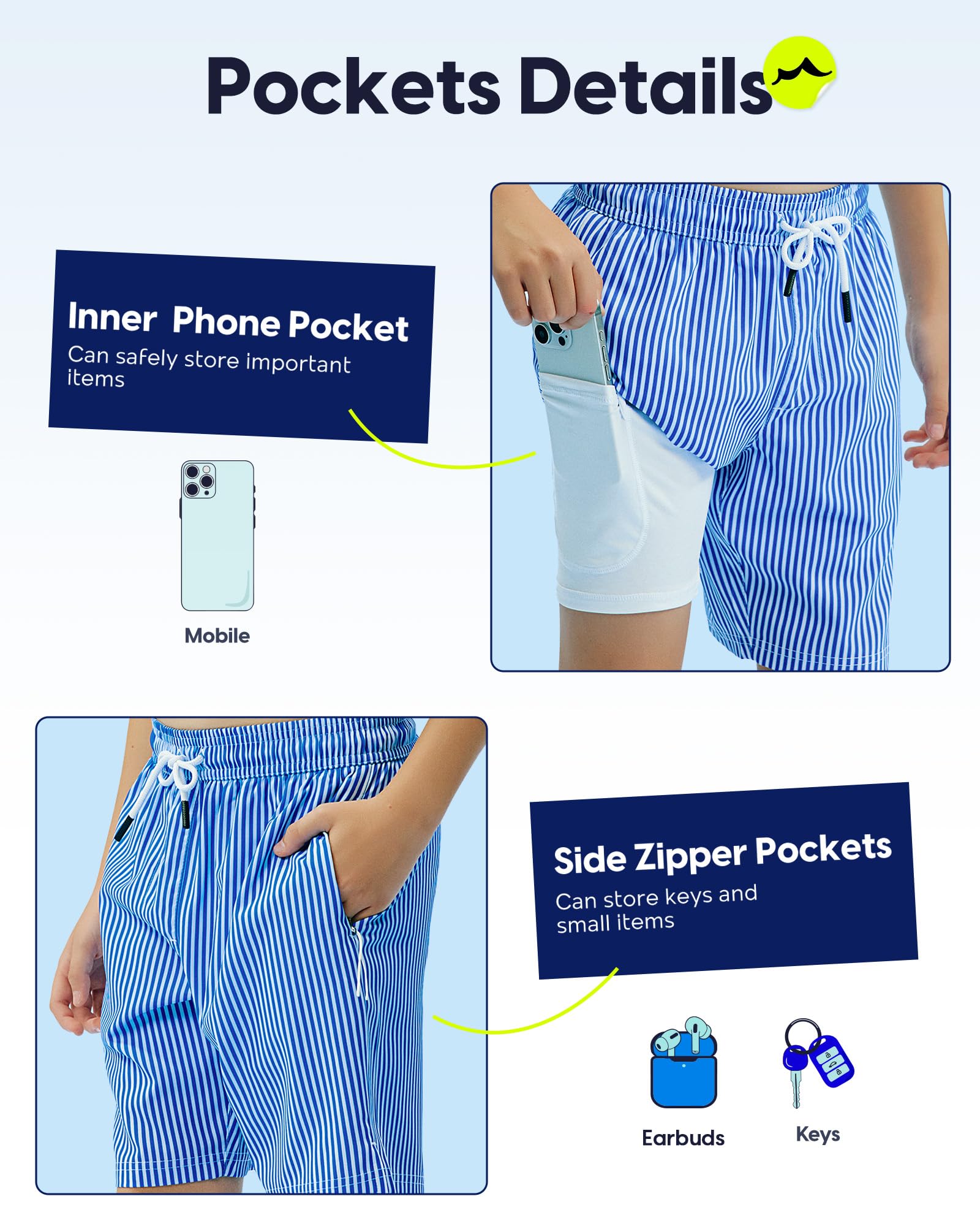 maamgic Traje de baño para niños, forro de compresión, elástico, para adolescentes, niños, antirozaduras, con bolsillos con cremallera