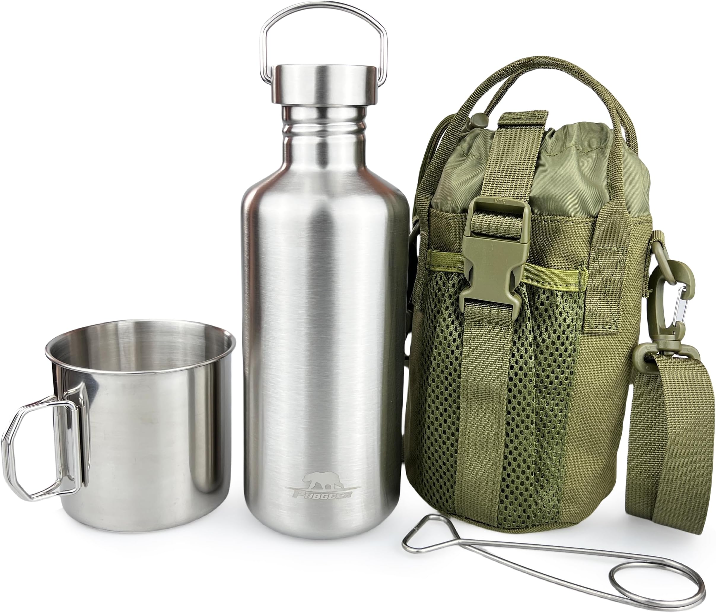 Canteen 42oz Single Wall Water Bottle with 24oz Nested Camping Cup and Carrier Bag, Stainless Steel, Bushcraft Gear, Wide Mouth Water Bottle, Survival Gear, Water Boiler, Self Reliance