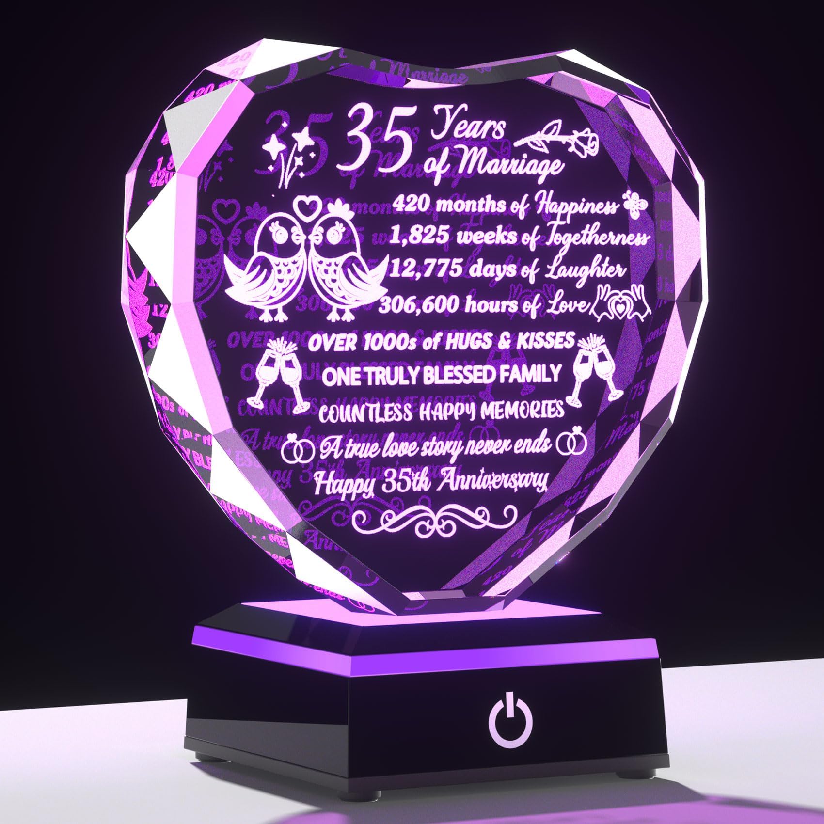 Arikyrist 35th Wedding Anniversary Crystal Heart Keepsake with Multicolor LED Base – Romantic 35 Years Marriage Gift for Couples Wife Husband Ideal Present for Christmas Valentine's Day