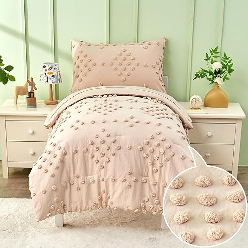 Miniatura 7 de Juego de ropa de cama de 4 piezas para niñas pequeñas de jacquard beige con pompones, bordado, bohemio, con lunares copetudos, juego de edredón para