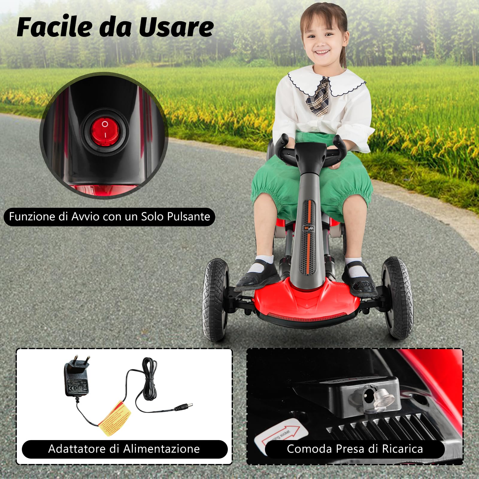 COSTWAY 12V Go Kart Elettrico per Bambini, Go Kart Pieghevole con Portabicchiere, Volante e Sedile Regolabili e Funziona Lento Avvio, per Bambini 2-5 Anni (Rosso)