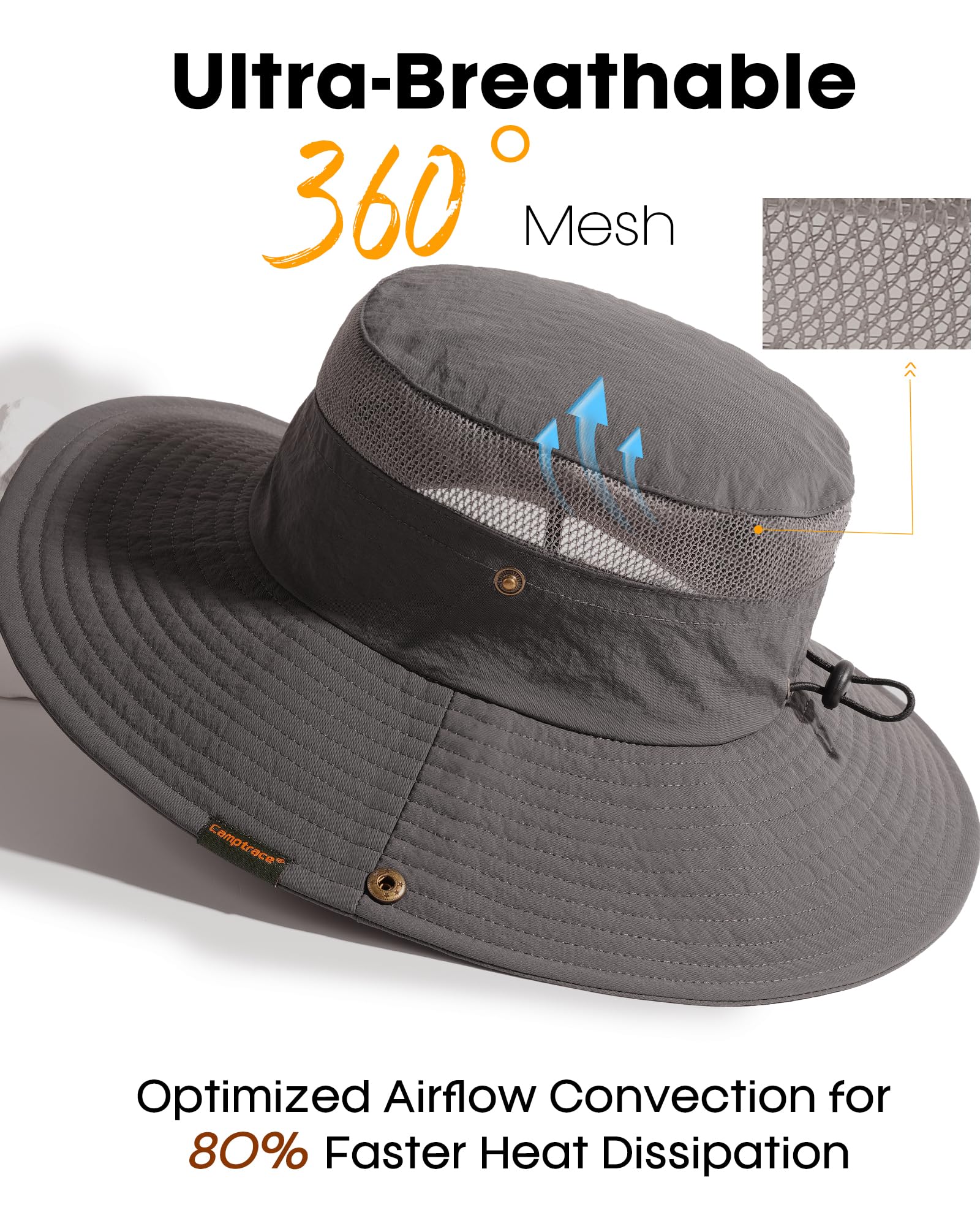 Sombreros de sol para mujeres y hombres, transpirables, de ala ancha, sombrero de pesca, senderismo, verano, protección UV, sombreros de cubo UPF 80+, Gris oscuro, Talla única 4