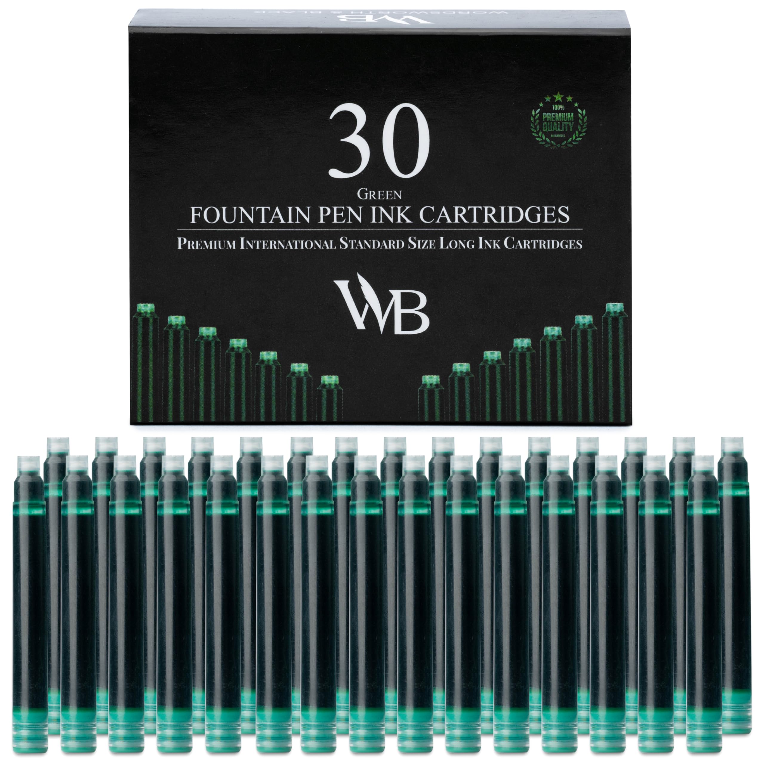 Wordsworth & Black Fountain Pen Ink Refills, Set of 30 Green Ink Cartridges, International Standard Size, Length APPR 2.3"
