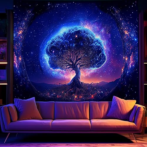 Miniatura 4 de Avinyl Tapiz de árbol de luz negra y espacio para dormitorio, 60 x 79 pulgadas, tapiz grande de árbol de la vida con luz negra para niña, decoración