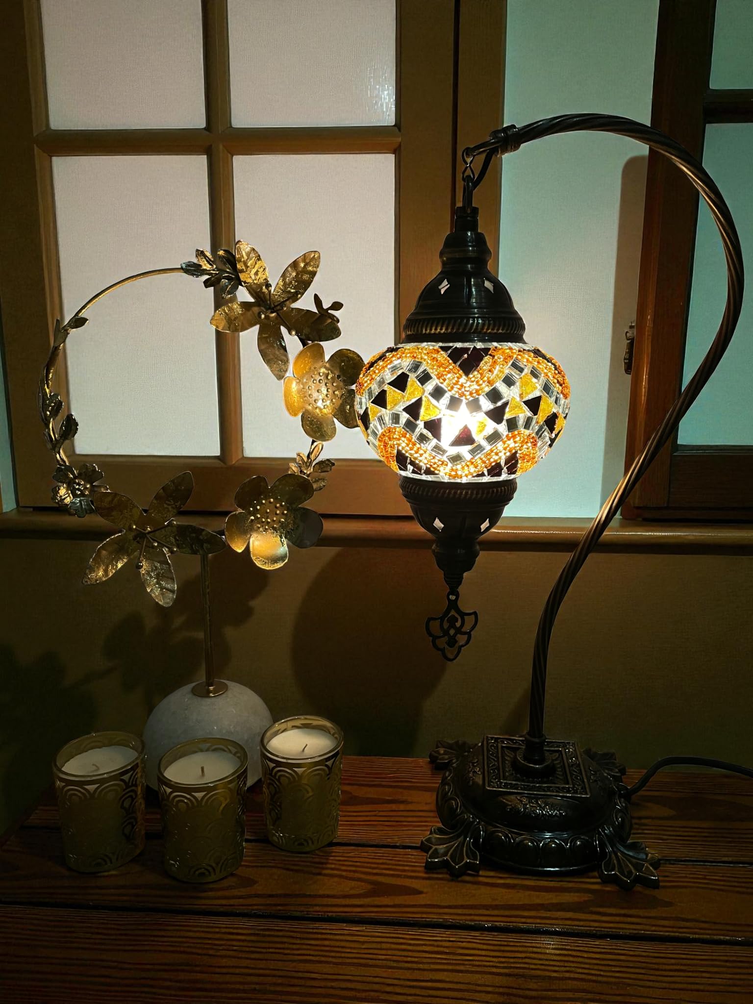 Lightza Handmade Turkish Moroccan Mosaic Desk Lamp LED Bulb | Swan Neck Unique Globe Lampshade Table Light | UK Tested Safe Energy Efficient (Golden and Black) โ image 1