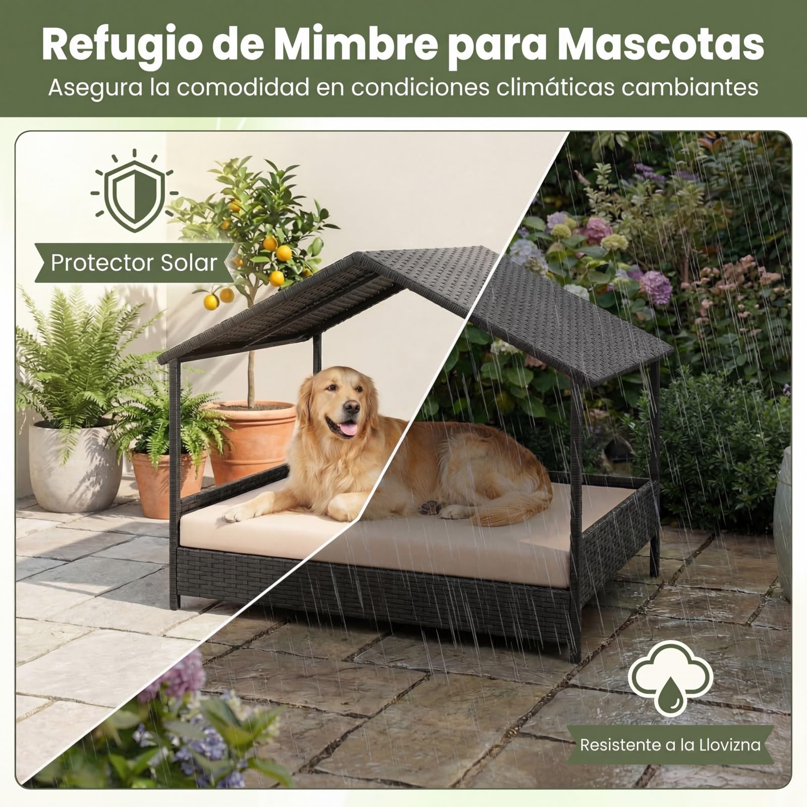 GYMAX Cama para Perro con Cojín, Caseta para Perro Exterior de Ratán PE con Techo Inclinado y Base Elevada, Ventilada e Impermeable, para Exterior e Interior, 98 x 68 x 74 CM (Beige)