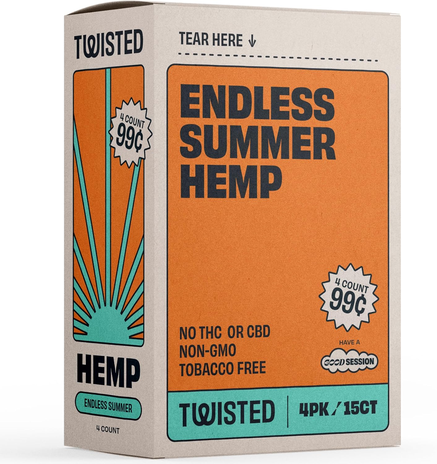 Twisted Hemp Wraps Natural Cigarette Rolling Papers Display | 4 Wraps Per Sleeve | Pack of 15 | 60 Wraps Total (Endless Summer)