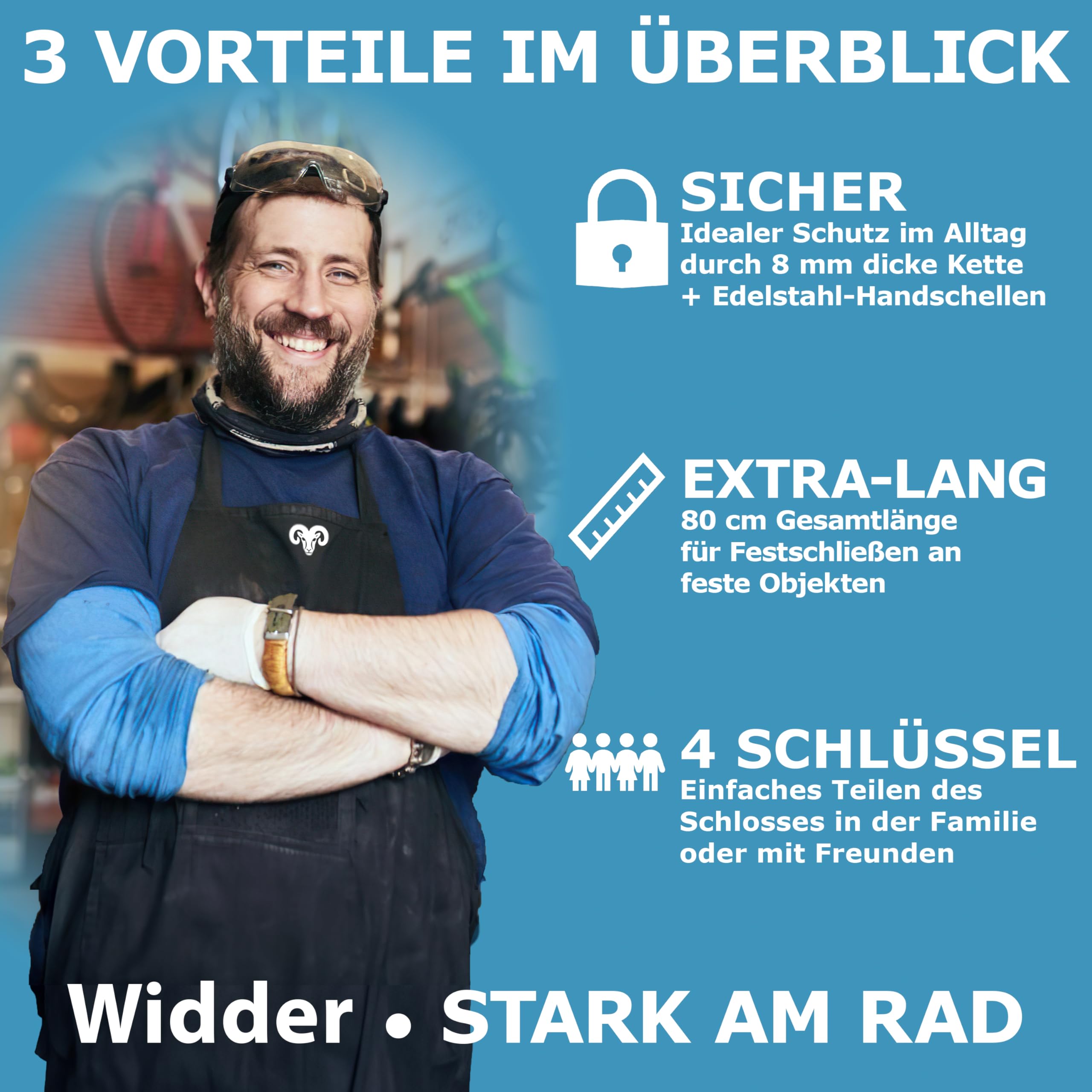 WIDDER Sicheres Handschellenschloss [80cm lang, 4 Schlüssel, 8mm Massiv Stahl] E Scooter Schloss mit Tasche – Handschellen Schloss für e Roller & Fahrrad - Fahrradschloss, e-scooter & e bike lock