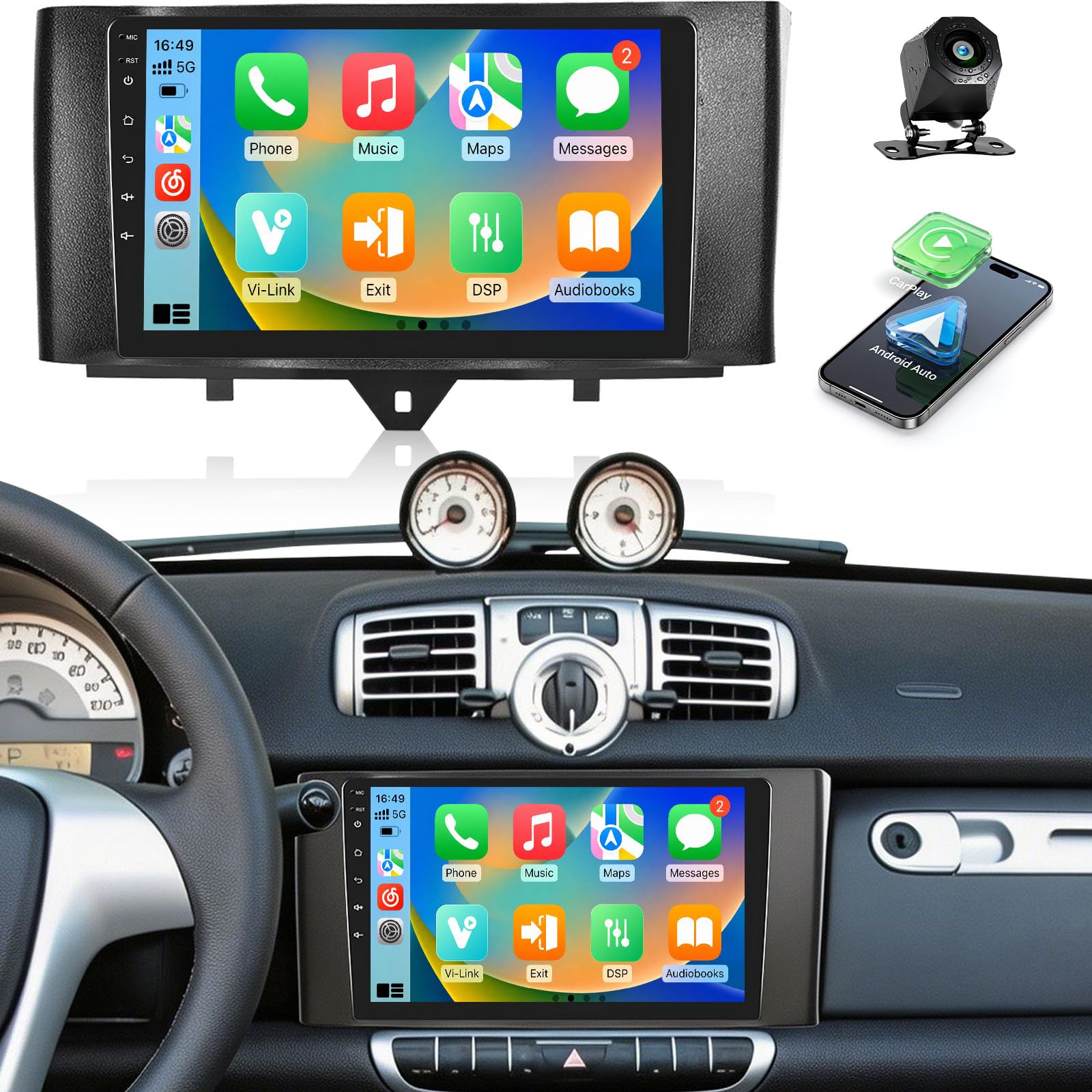 CAMECHO Autoradio CarPlay per Mercedes Benz Smart Fortwo 2011-2015