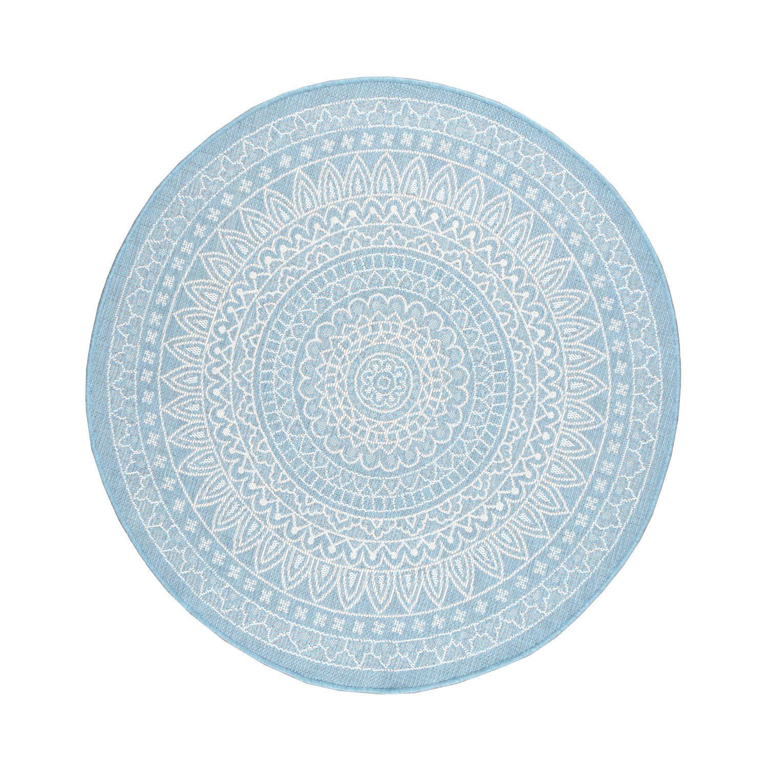 FRAAI | Home & Living In- & Outdoor Teppich Rund - Summer Azteca Hellblau - Wetterfest - Polypropylen - Ø 180 cm - Balkon, Garten/Terrasse - Terrasse Teppich - Outdoor Rug