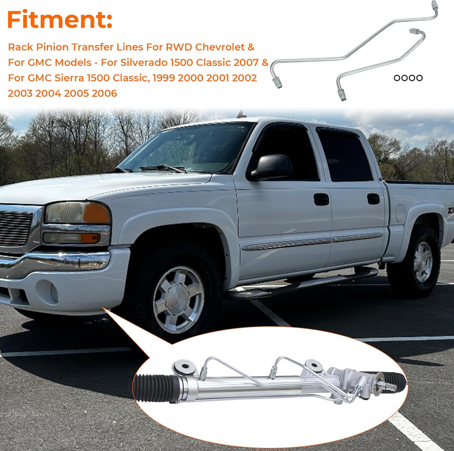 rack and pinion transfer line compatible with rwd chevrolet & gmc models, for silverado 1500 classic 2007 & for gmc sierra 1500 classic (1999-2006)