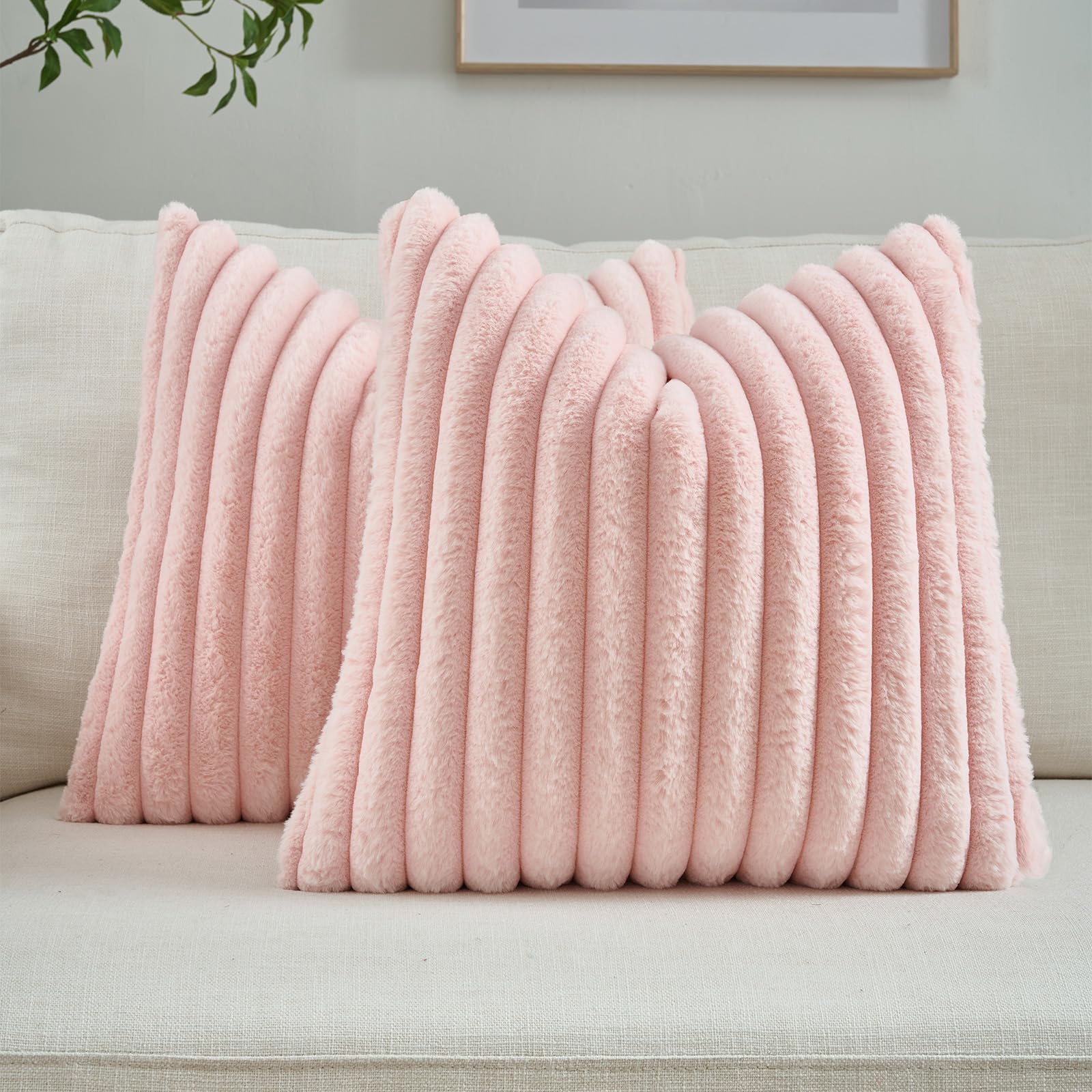 FUTEI Set of 2 Fluffy Faux Fur 65x65 cm Cushion Covers Soft Plush Striped Textured Scatter Euro Pillow Shams 65 x 65 cm Modern Accent for Sofa Bedroom Living Room, Pink