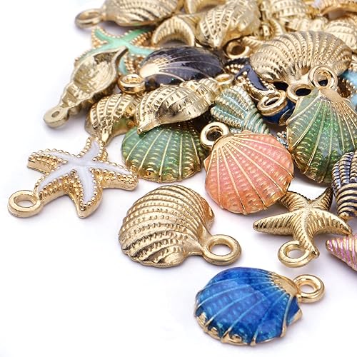 Miniatura 5 de 60 dijes de aleación con diseño de estrella de mar y conchas de mar, esmalte colorido, vida oceánica, animales marinos, suministros de manualidades
