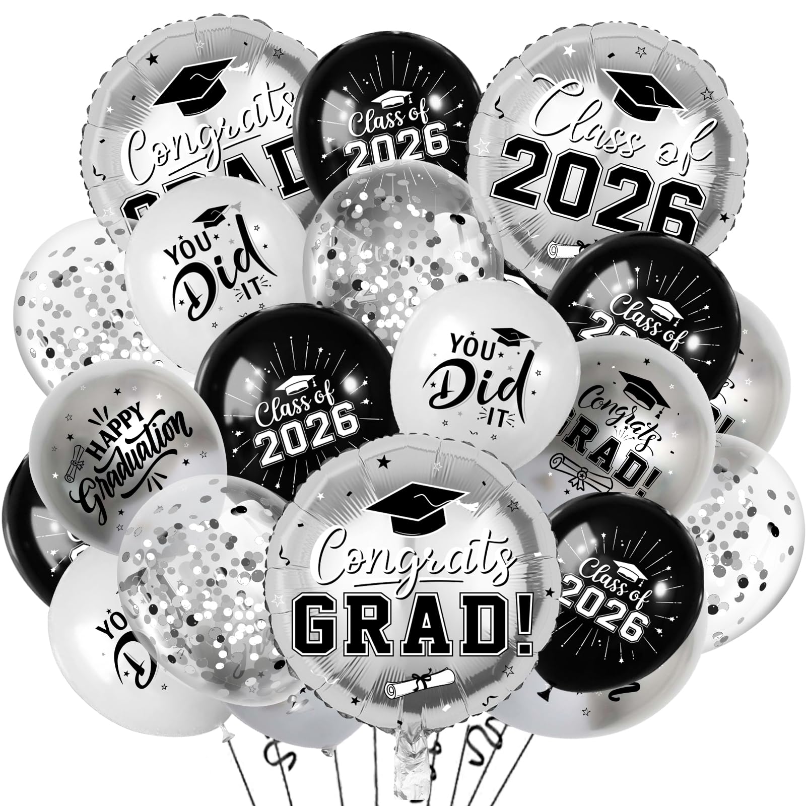 Black and Silver Graduation Balloons Graduation Decorations 2026, 51Pcs Grad Latex Balloons and Grad Foil Balloon with Confetti Ribbons Grad Party