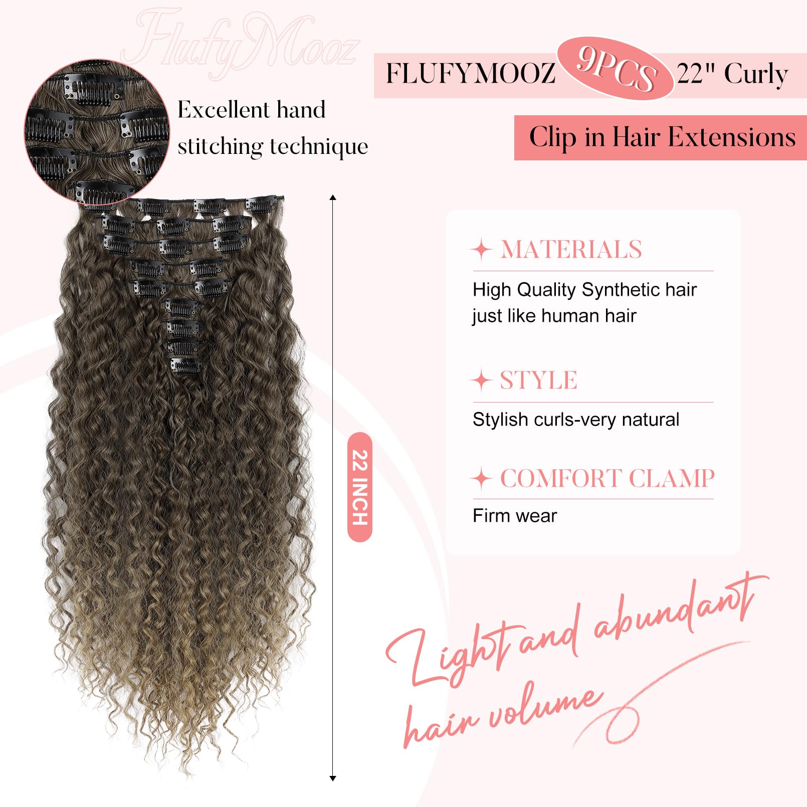 FLUFYMOOZ 9PCS Clip in Hair Extensions 22 Inch Curly Hair Extension Long Soft Synthetic Hairpieces for Women (Ombre Brown) - Image 2