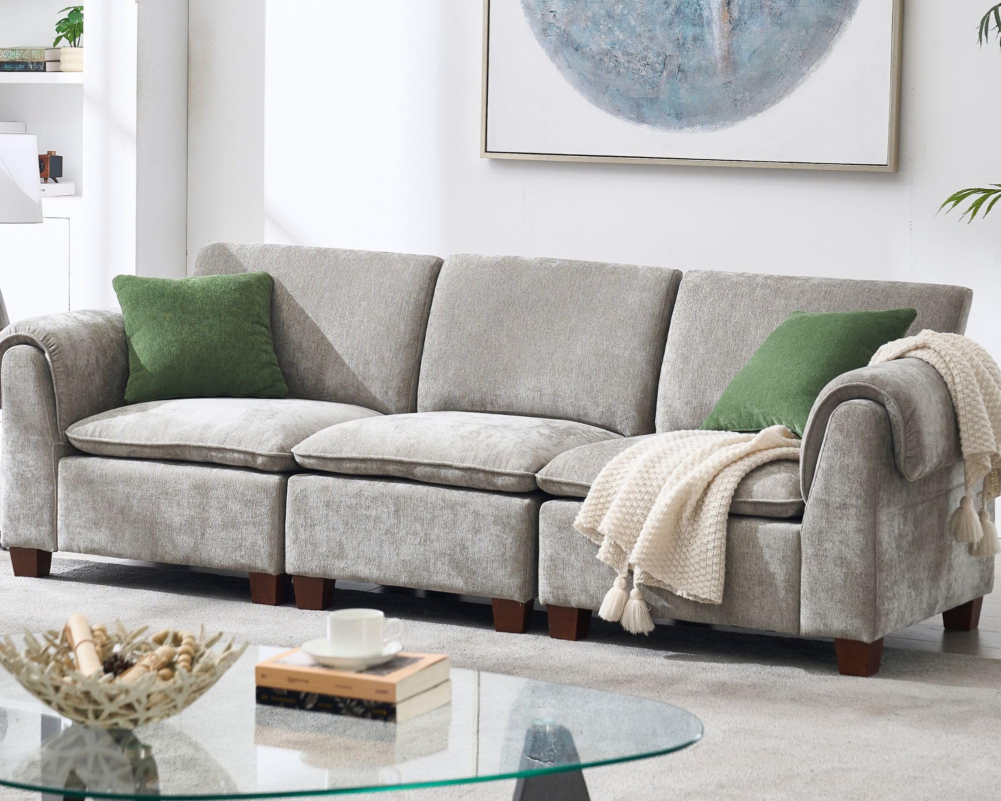 97 Inches Cloud Modular Sectional Sofa, 3 Seater Chenille Fabric Couch, Modern Convertible Comfortable Sofa Couch for Living Room/Apartment, Grey