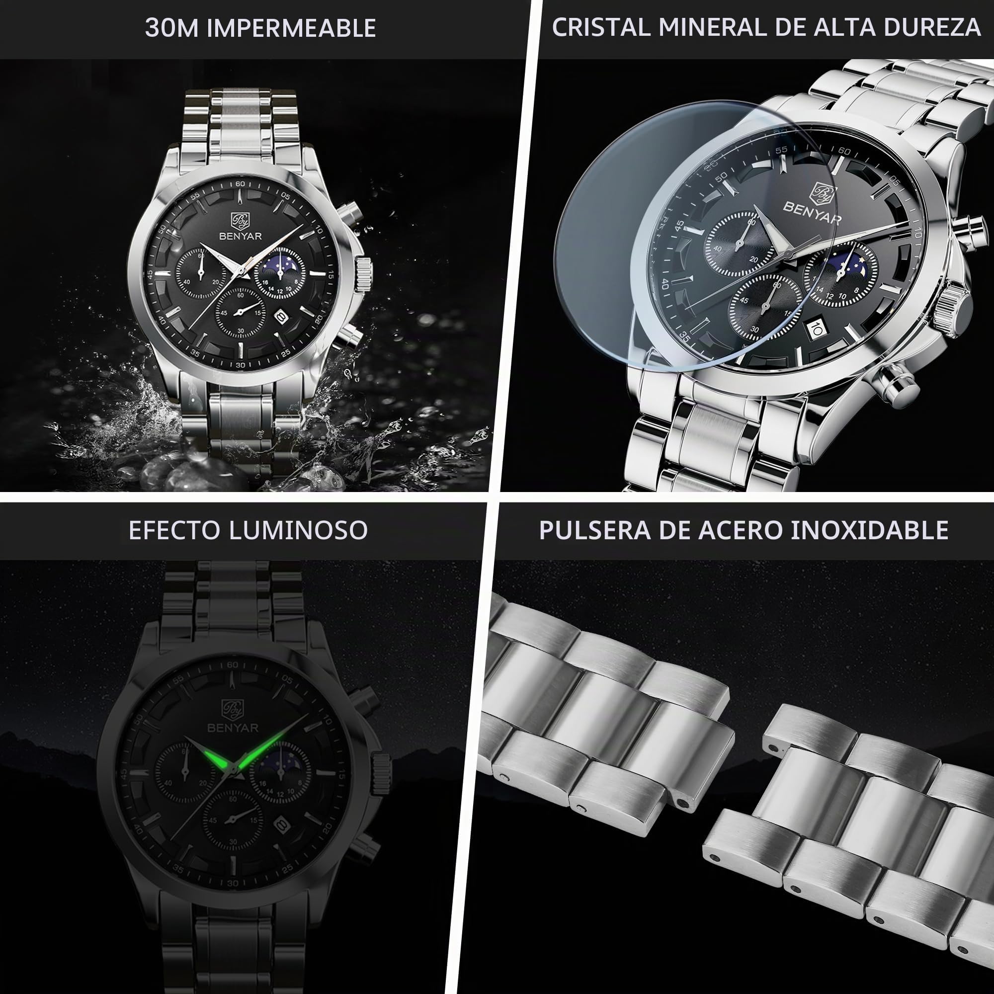 BENYAR by Relojes Hombre Analógico Cuarzo Cronografo Impermeable Luminoso Fecha Moda Casual Reloj de Pulsera Elegante Regalo para Hombre