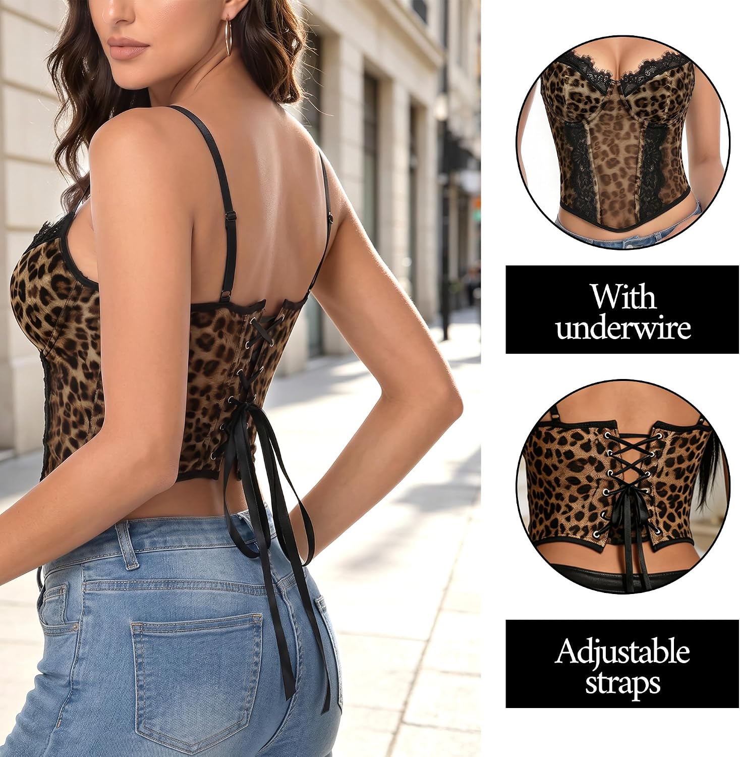 TRIWORKS Women Leopard Lace Bustier Corset Crop Top Adjustable Straps