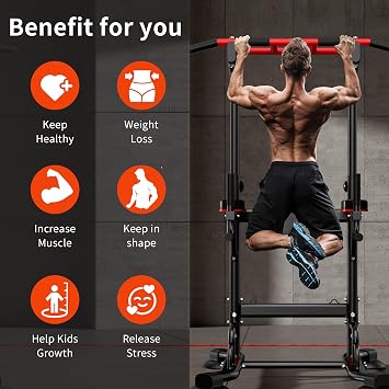 SogesHome Pull Up Bar and Dip Station Adjustable Home Gym Fitness Equipment | Multifunctional Heavy Duty Power Tower 330LB Capacity, Free Standing Strength Training Exercise Machine for Full Body Workout