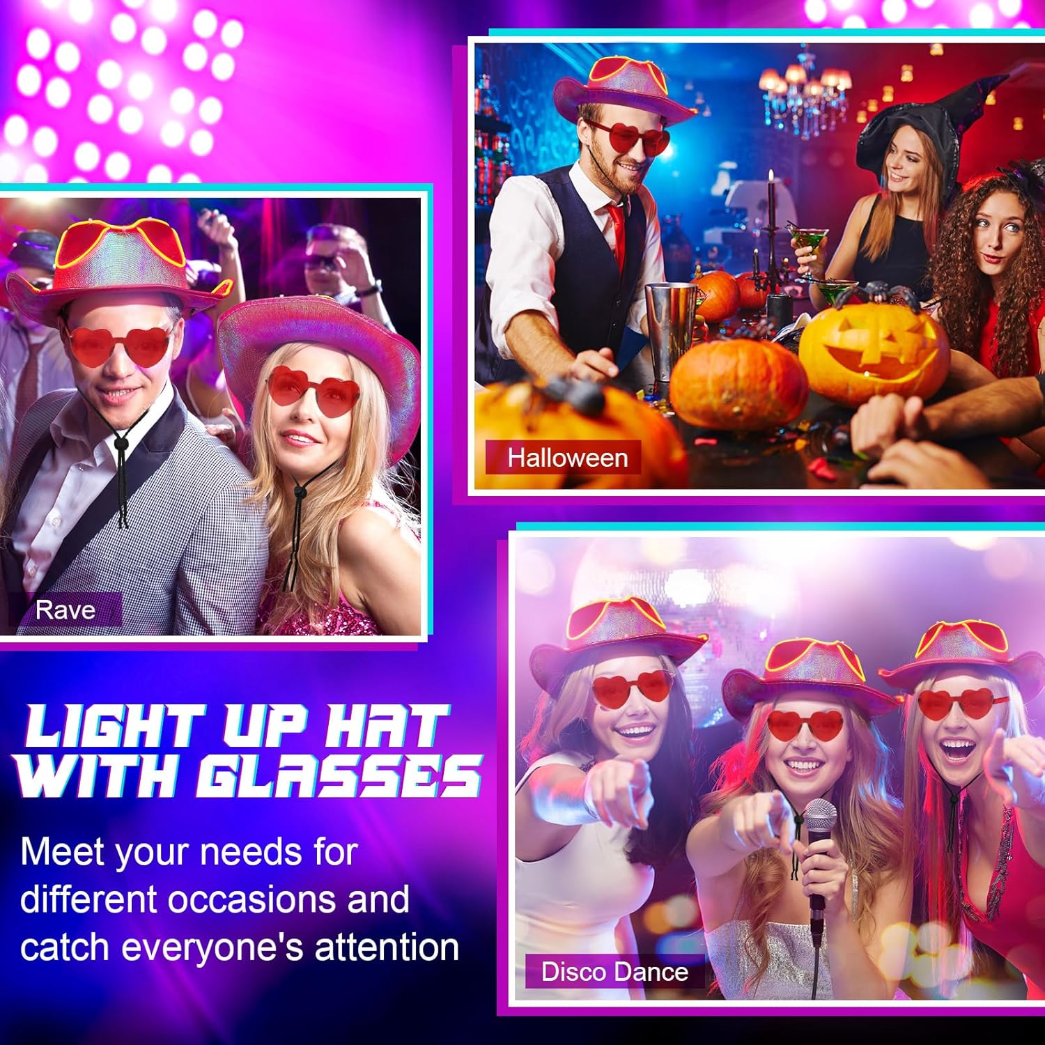 Hercicy LED Light Cowgirl Hat and Heart Glasses Holographic Shiny Hat for Women Space Cowgirl Outfit Halloween Carnival - Image 4