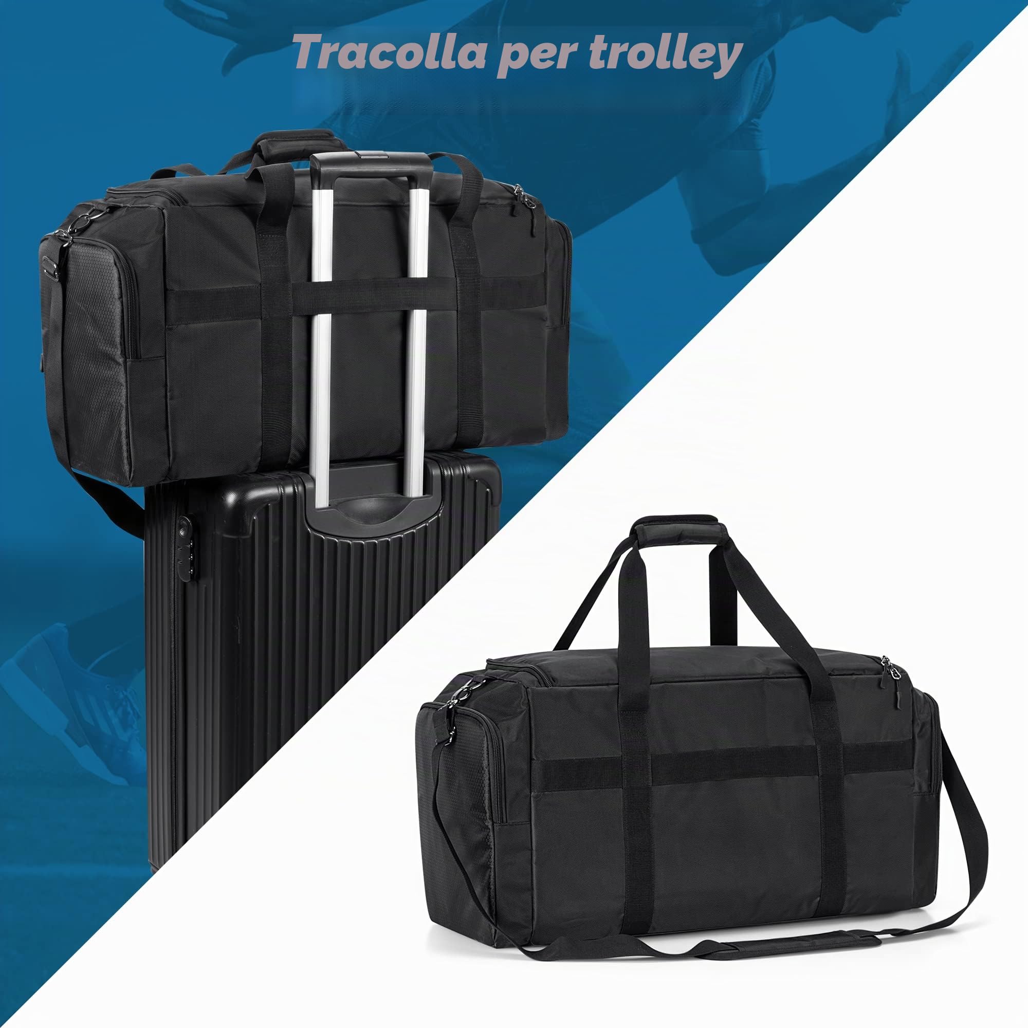 DSLEAF Borsa da ginnastica e borsone da viaggio, borsa da palestra con 3 divisori regolabili e tracolla per scarpe, abbigliamento e laptop, Nero, Borsa da viaggio