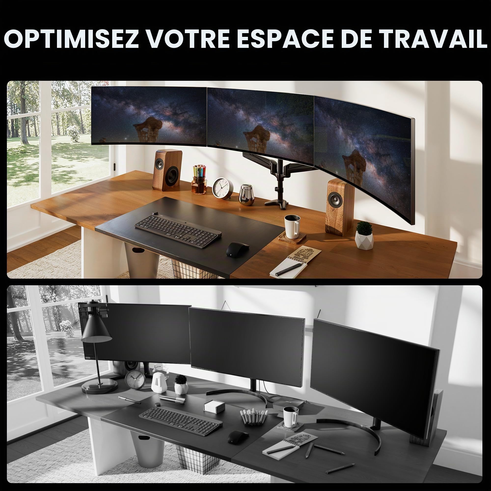 HUANUO Support d'écran PC 3 écrans 17-32 Pouces Inclinaison Pivot Montage Chaque Bras 8 kg Gaming