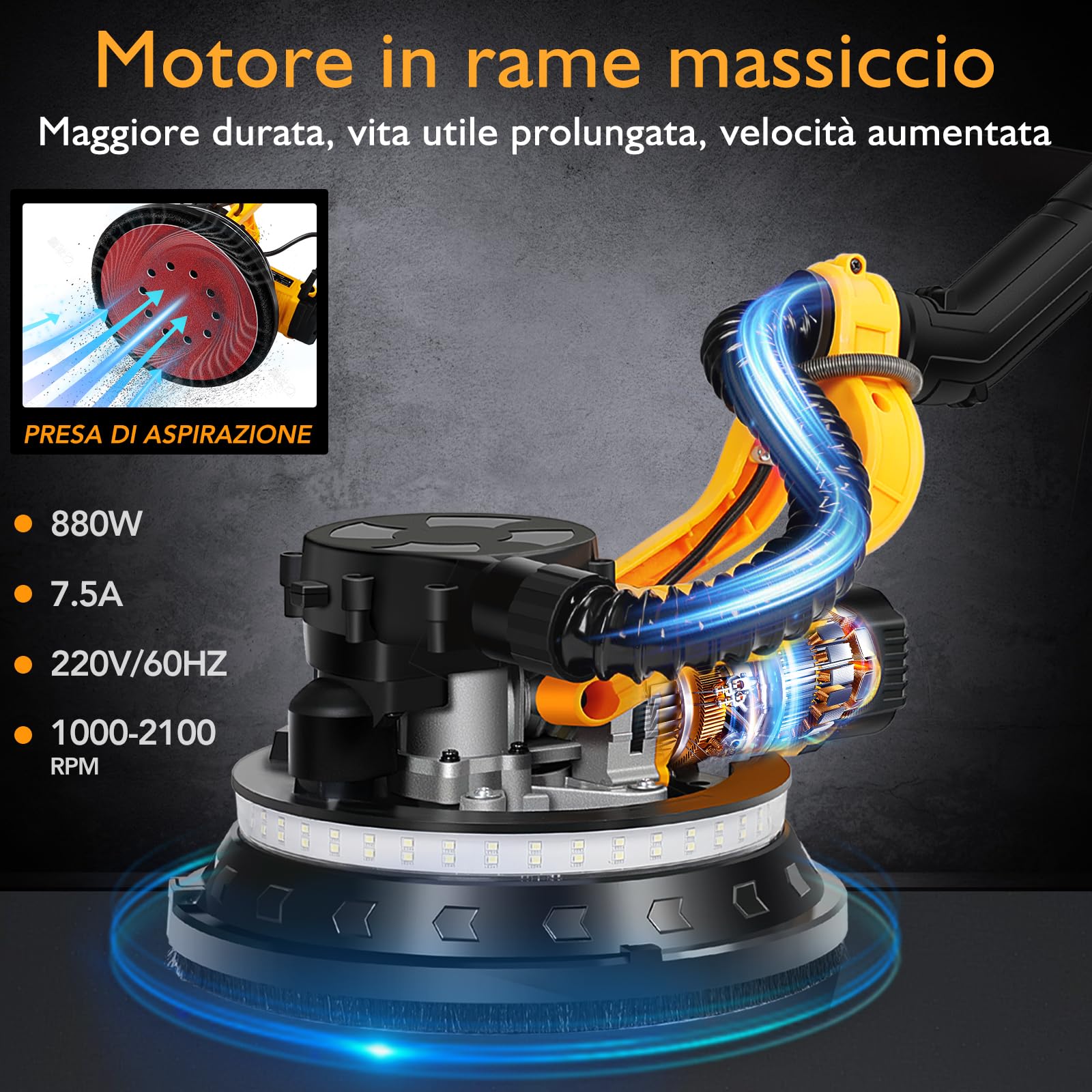 Levigatrice per Muro con Aspiratore 880W, Giraffa Levigatrice Professionale, Impugnatura Telescopica fino a 180cm, 5 Velocità Regolabile 1000-2100 RPM, Luce LED, per Cartongesso e Intonaco