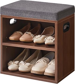 YMYNY Small Shoe Storage Bench with Cushion, 2 Tier Shoe Bench Storage with Seat, Shoe Rack Bench for Entryway, Living Room, Hallway, Closet, Bedroom, 15.4L*11W*16.54H, Light Walnut HBD028LW