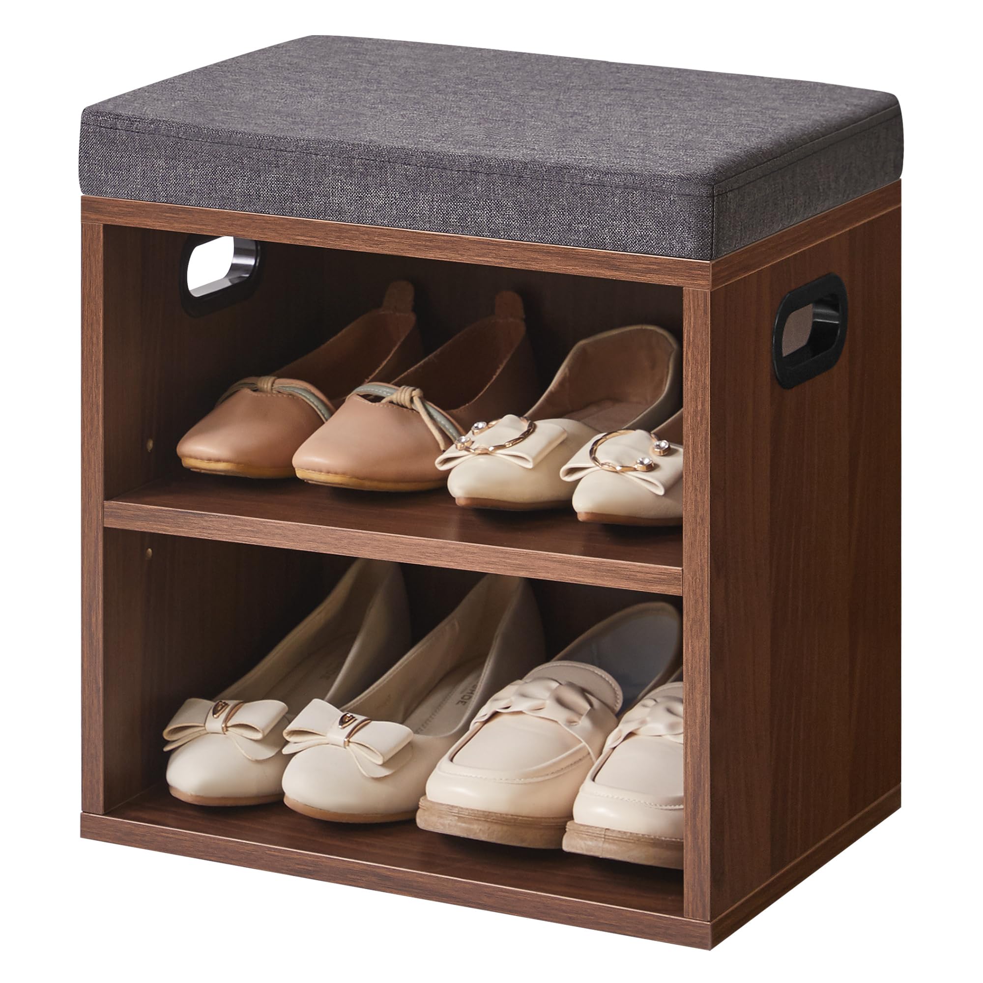YMYNY Banco Zapatero con Asiento de 2 Niveles, Zapatero pequeño, Estante Regulable en 3 Alturas para Sala de Estar, Pasillo, Dormitorio, 42 x 39 x 28 cm Nogal Claro - HBD028LW
