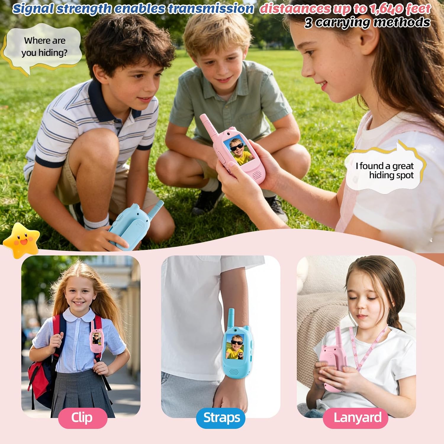 walkie talkies for Kids 2 Pack Rechargeable Mini Walkie Talkies for Kids 1600 ft Long Range Real-Time Video Chat Voice Changer Watch Strap Design, Boys & Girls 3-12, Blue & Pink
