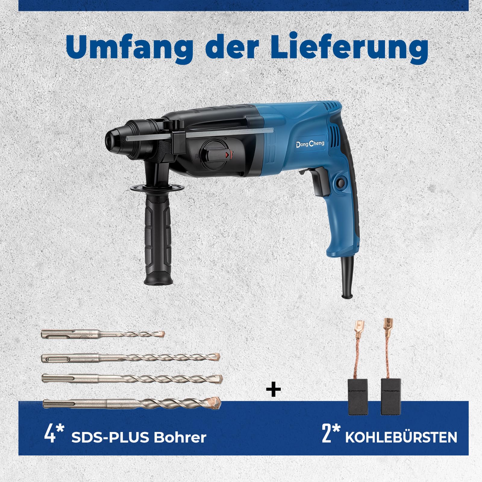 DongCheng Bohrhammer 800W, Schlagenergie 2.8 J, Leerlaufdrehzahl 0-1200U/min, mit 4 Drill Bit SDS plus, Bohren bis 26mm, 4 in 1 Bohrmaschine, Abbruchhammer, Anti-Vibrationsgriff